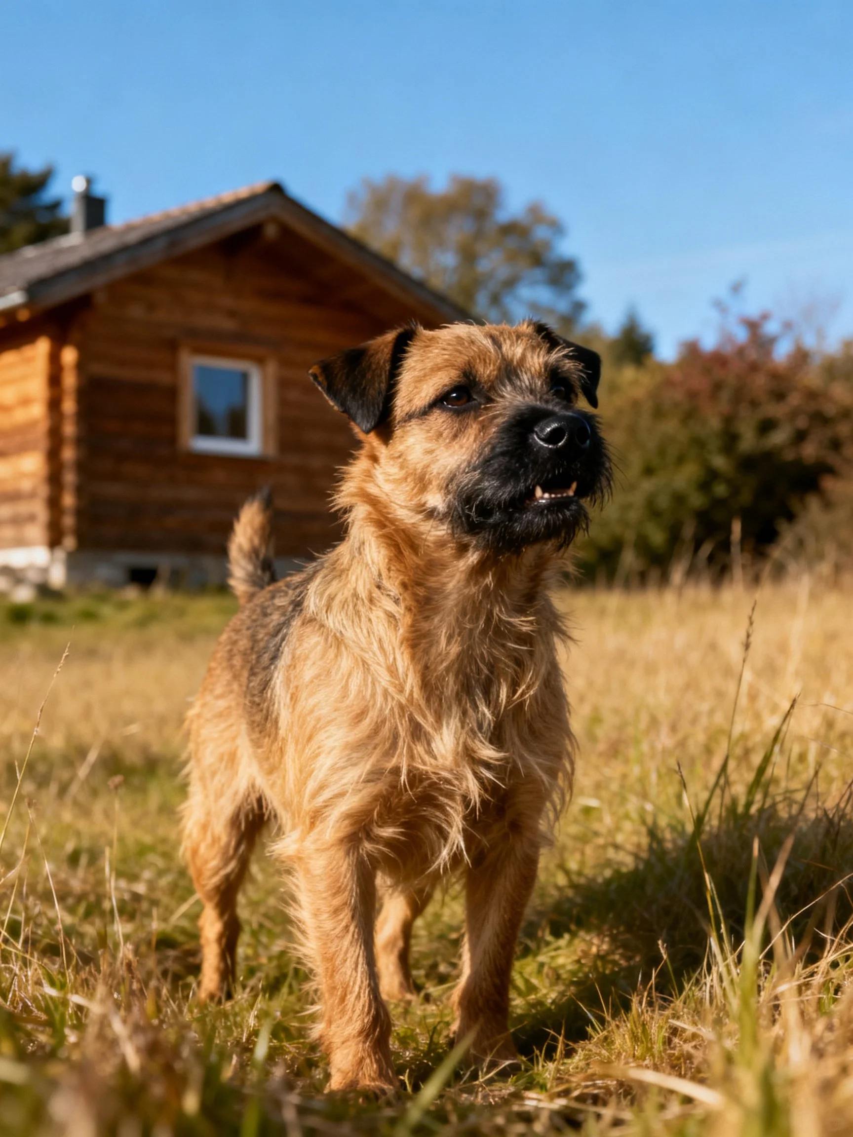 A tan dog stands in golden grass near a wooden cabin outdoors.