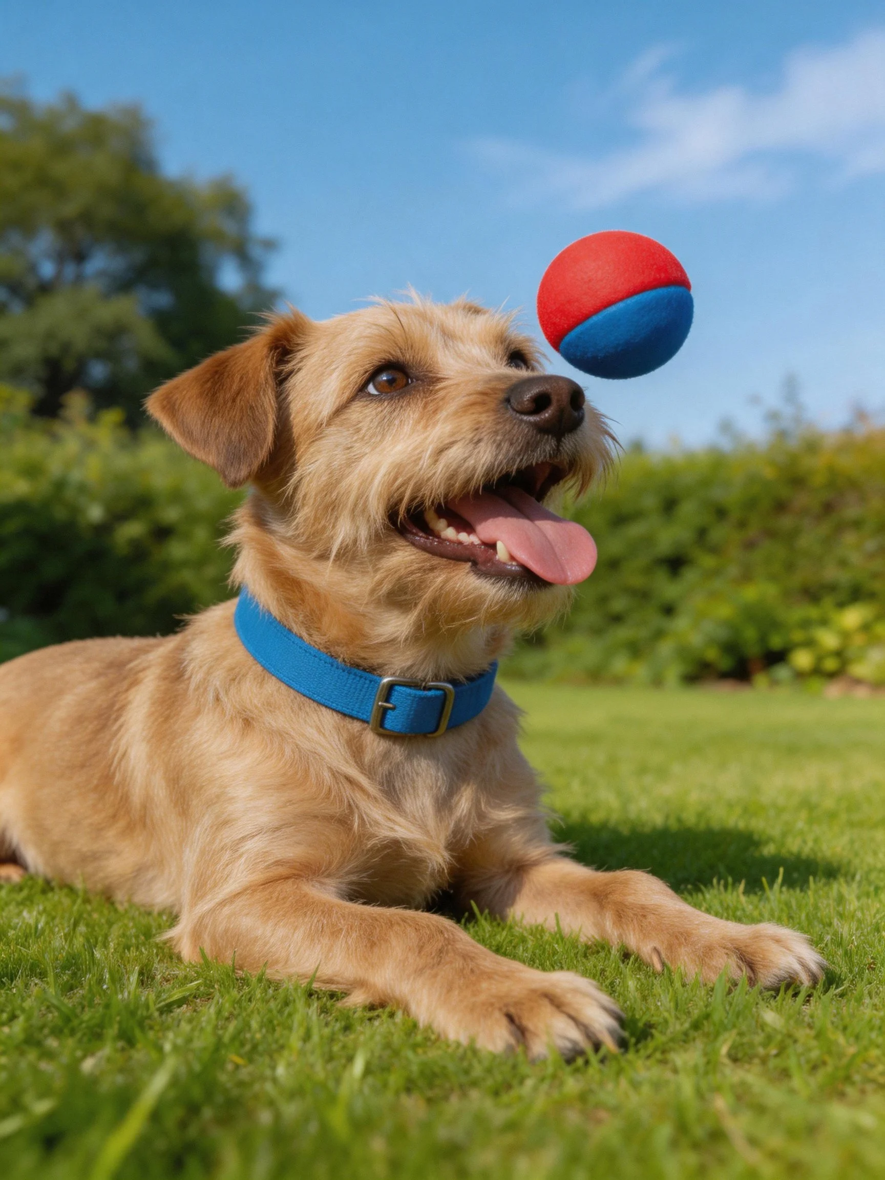 A tan Border Terrier with blue collar watches red-blue ball on green grass