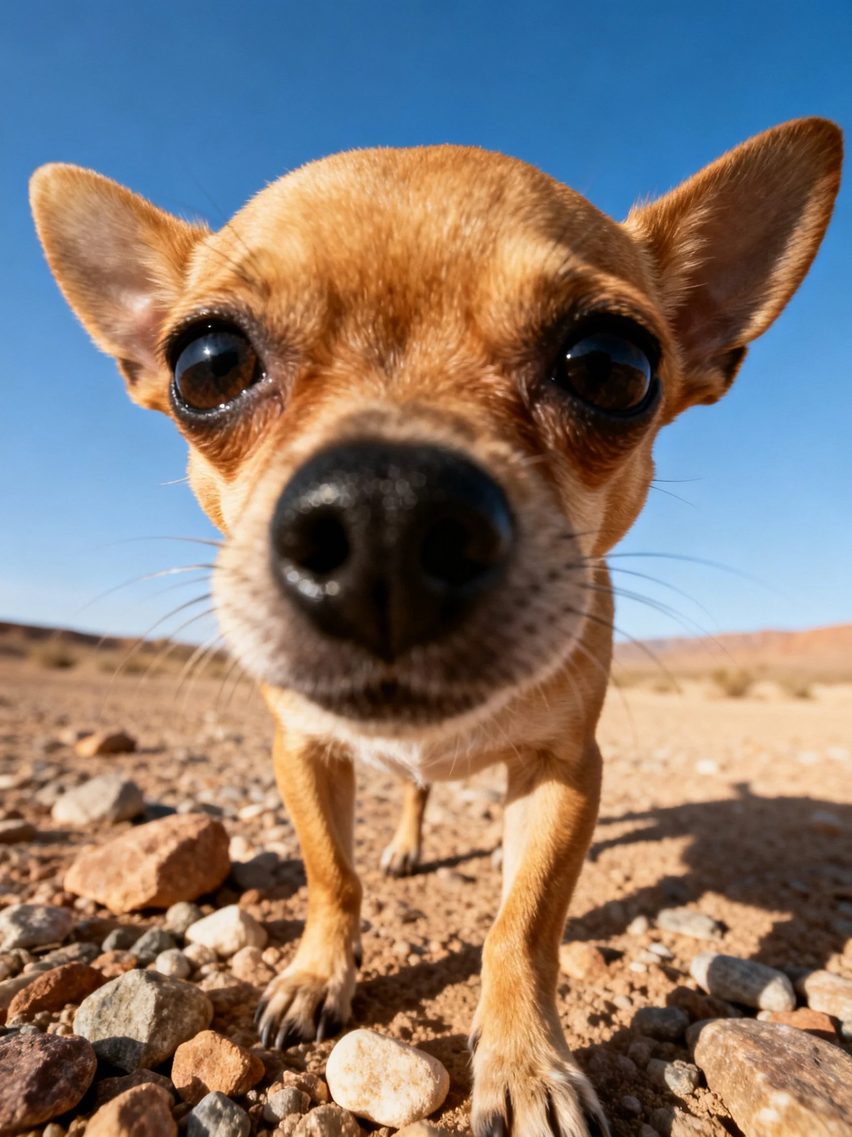 A tan Chihuahua gazes closely from rocky desert terrain