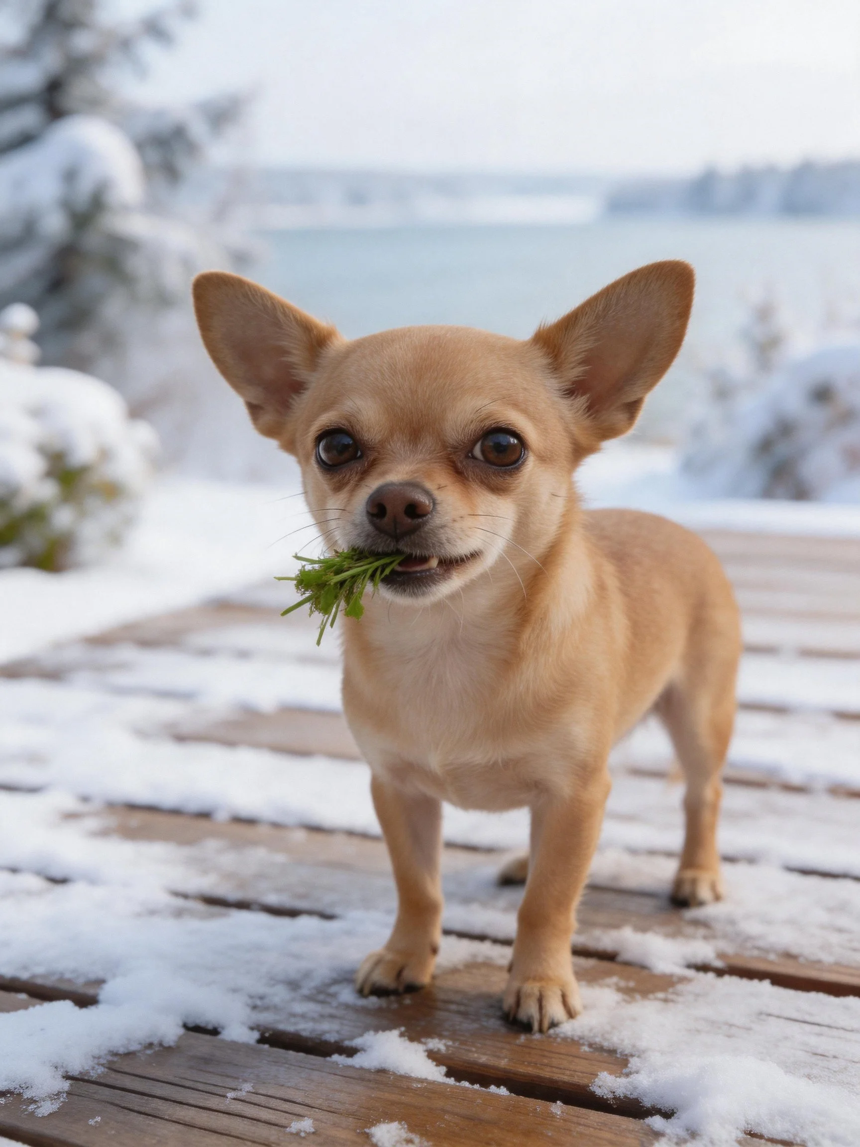 A tan Chihuahua stands on a snow-covered wooden deck with greens in its mouth.