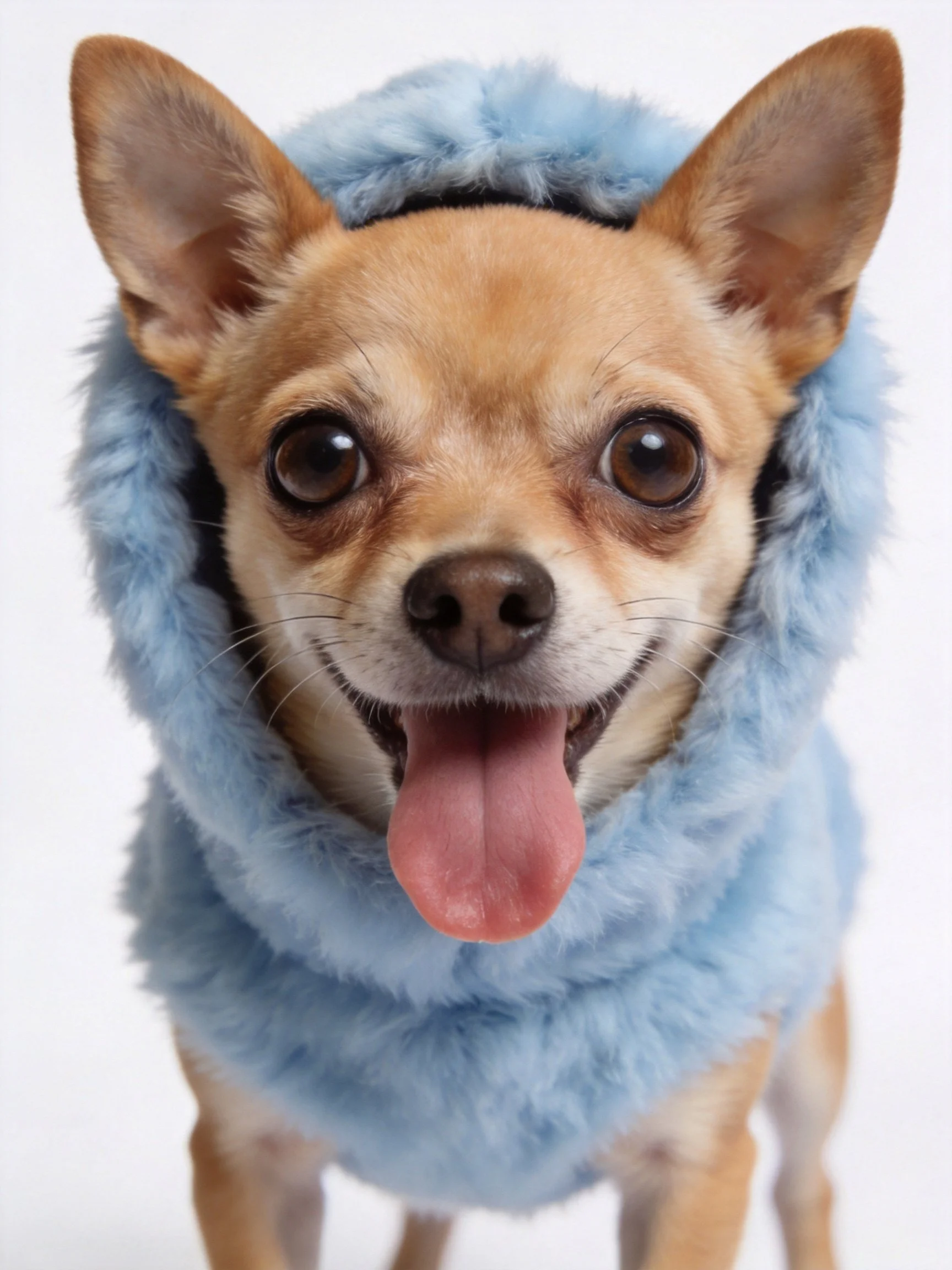 A cheerful tan Chihuahua wears a fluffy blue hooded coat.