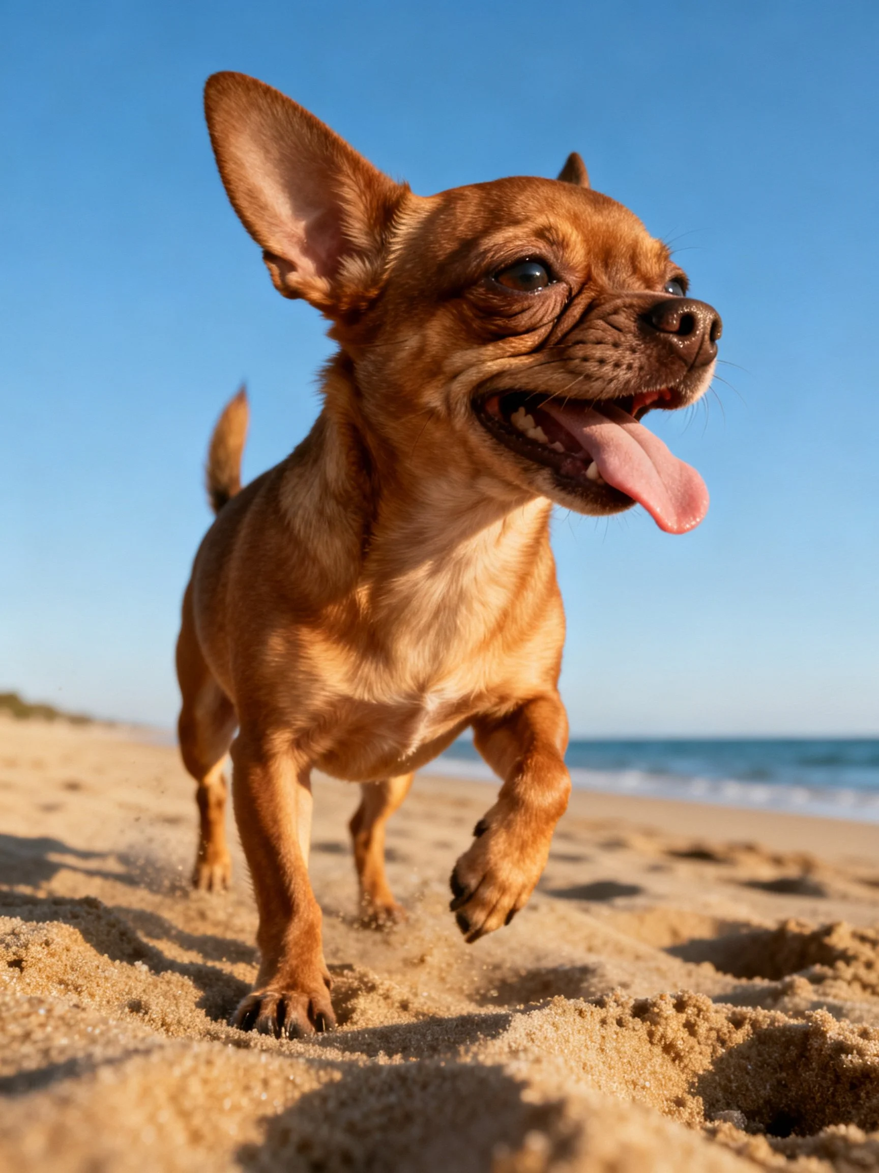 A tan Chihuahua runs energetically on a sandy beach near the ocean.