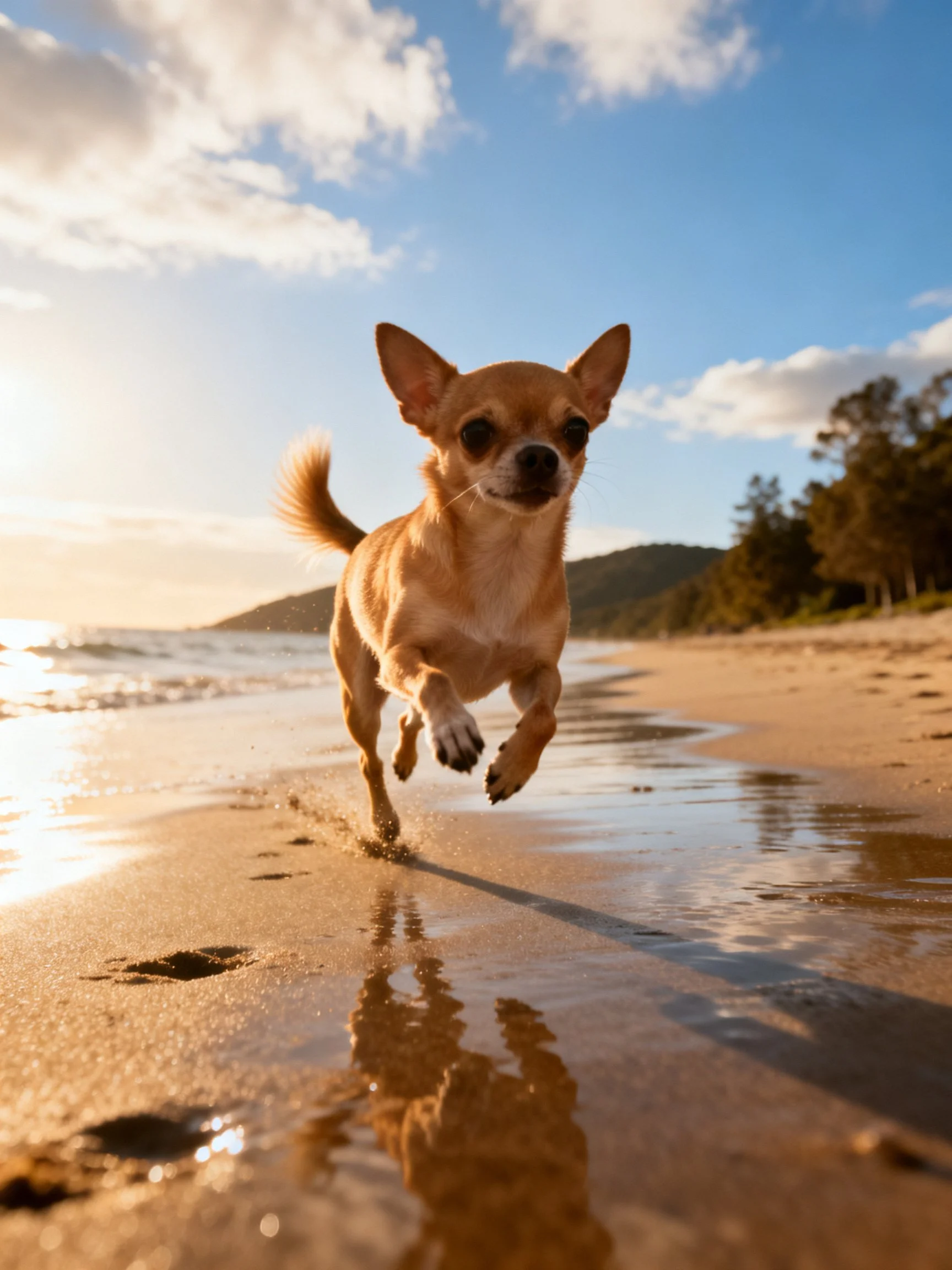 A small tan dog runs joyfully on a sun-kissed beach shoreline