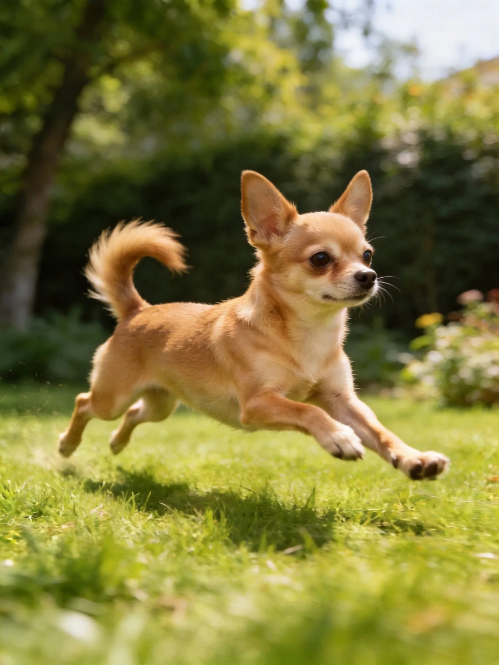 A tan Chihuahua runs energetically across a sunlit lawn in a garden.