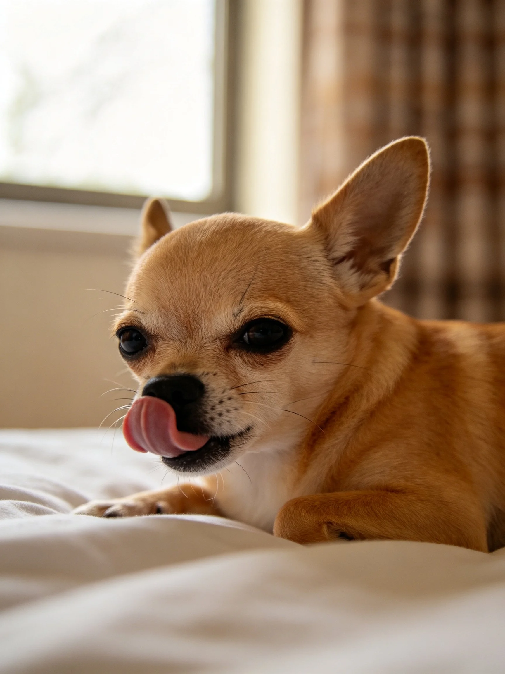 A small tan Chihuahua licks its nose while resting on a white bed.