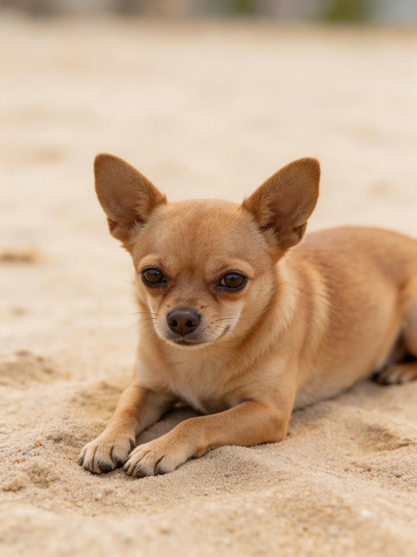 A tan Chihuahua relaxes on sandy terrain outdoors