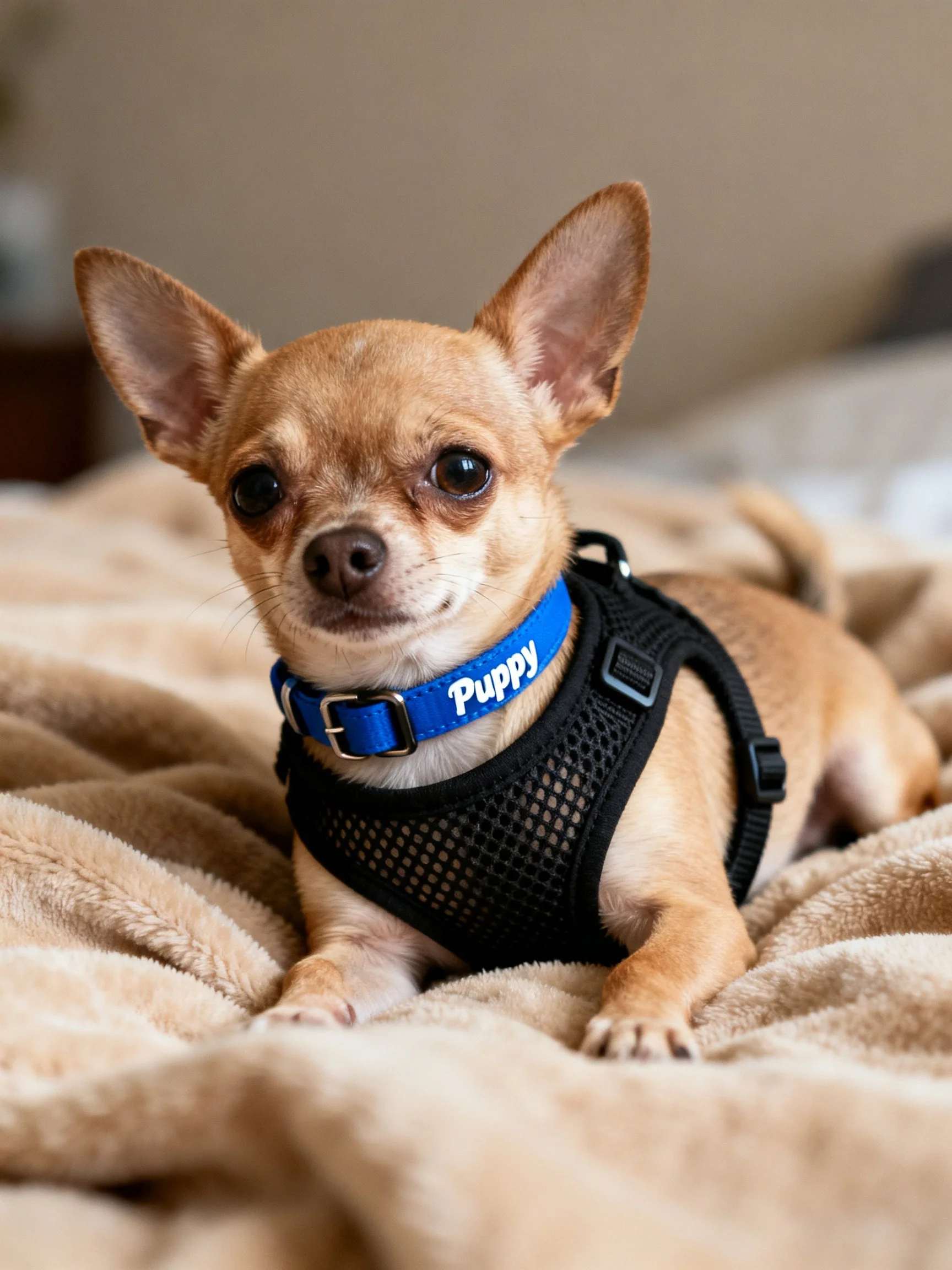 A small tan Chihuahua puppy wearing a blue collar and black harness relaxes on a beige blanket.