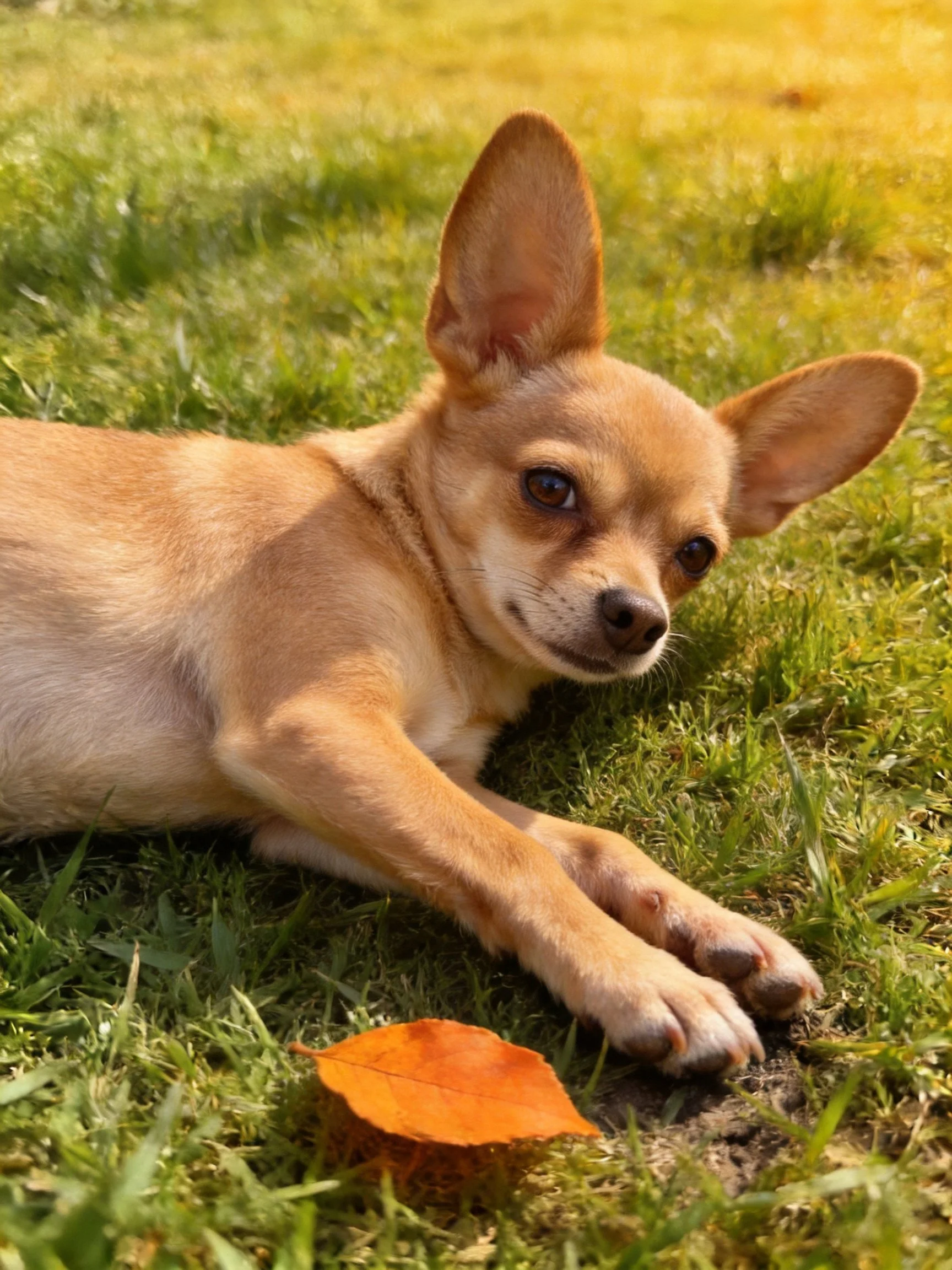 A small tan dog relaxes on grass beside an autumn-hued leaf.