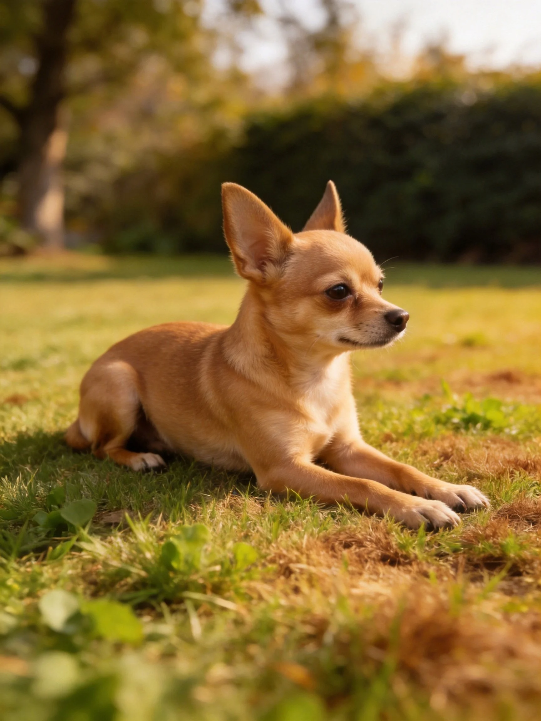 A tan Chihuahua relaxes on grass in a sunlit outdoor setting.
