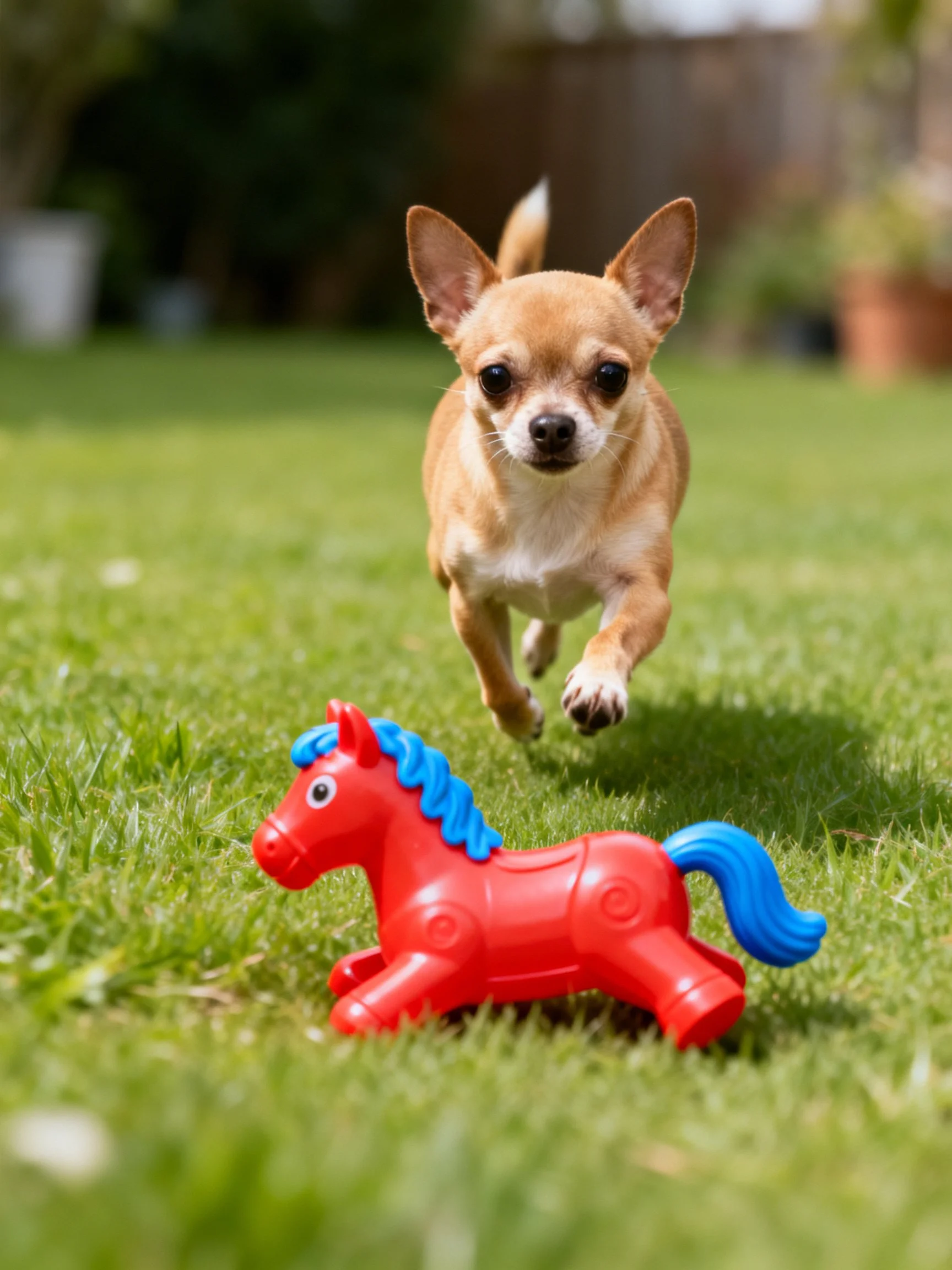 A small tan Chihuahua chases a red plastic horse toy in a grassy area.