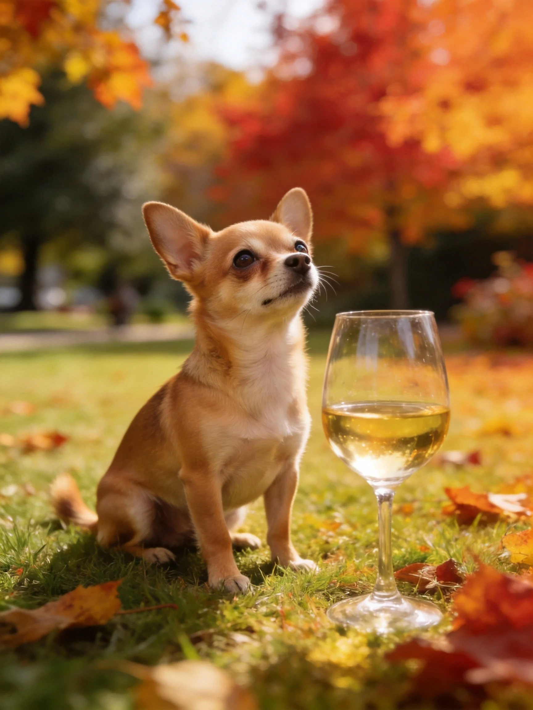 A small dog sits next to a wine glass in a sunny autumn park.