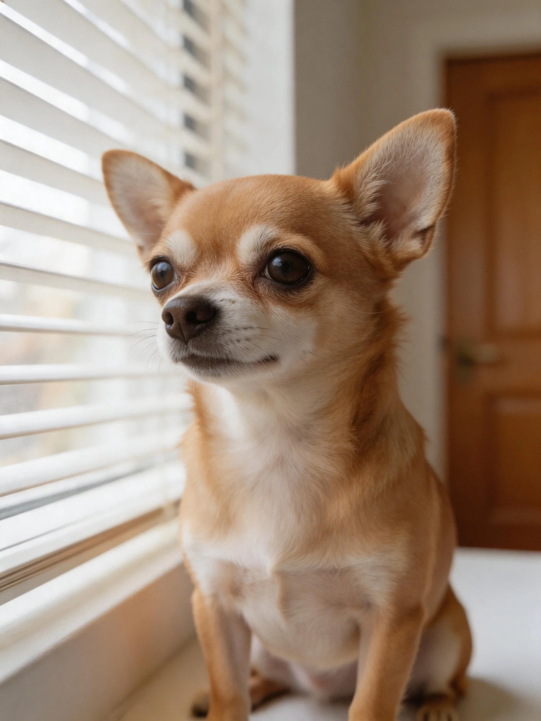 A tan Chihuahua sits near white window blinds with a wooden door behind