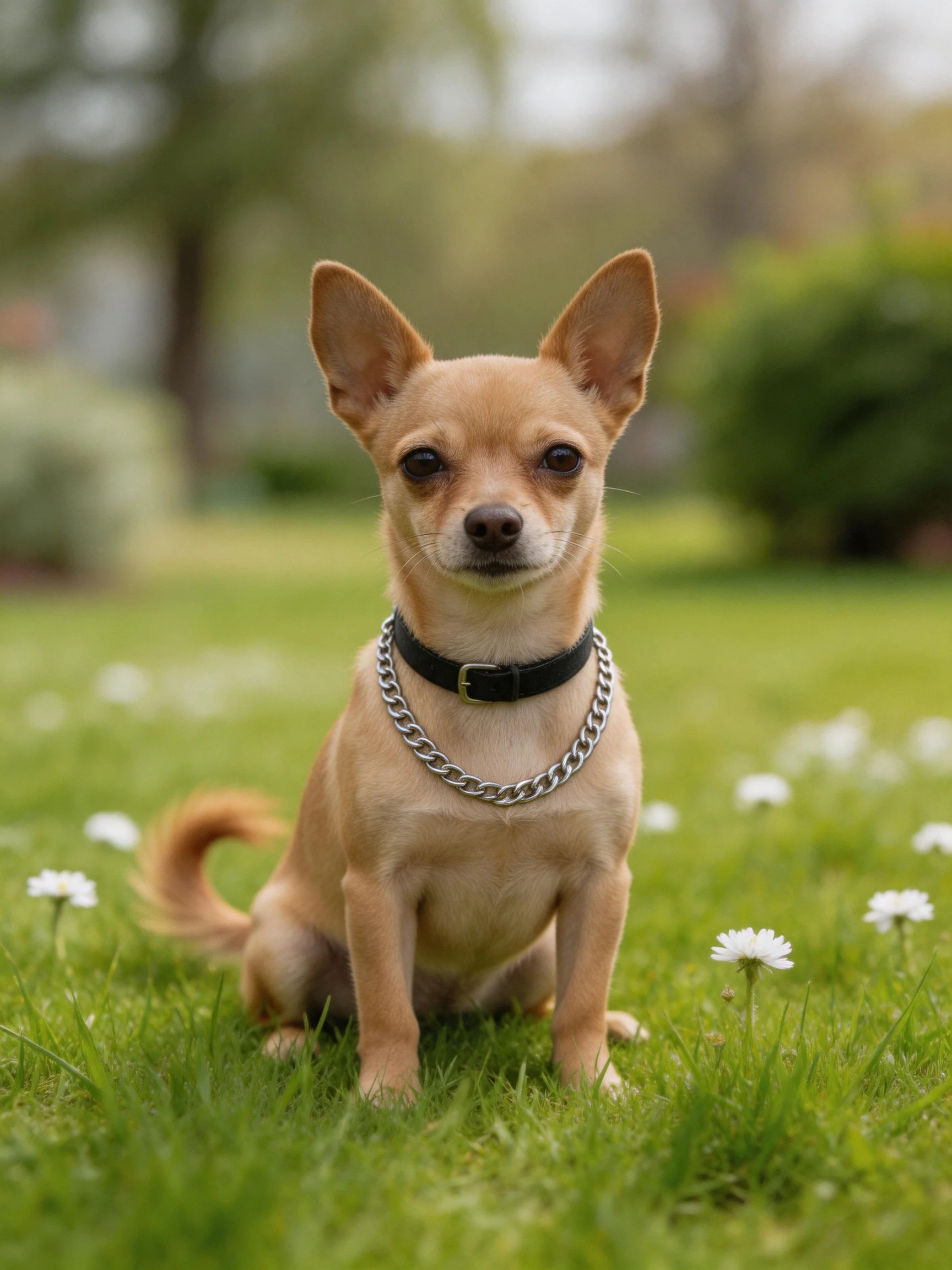 A tan Chihuahua sits calmly on green grass surrounded by white flowers