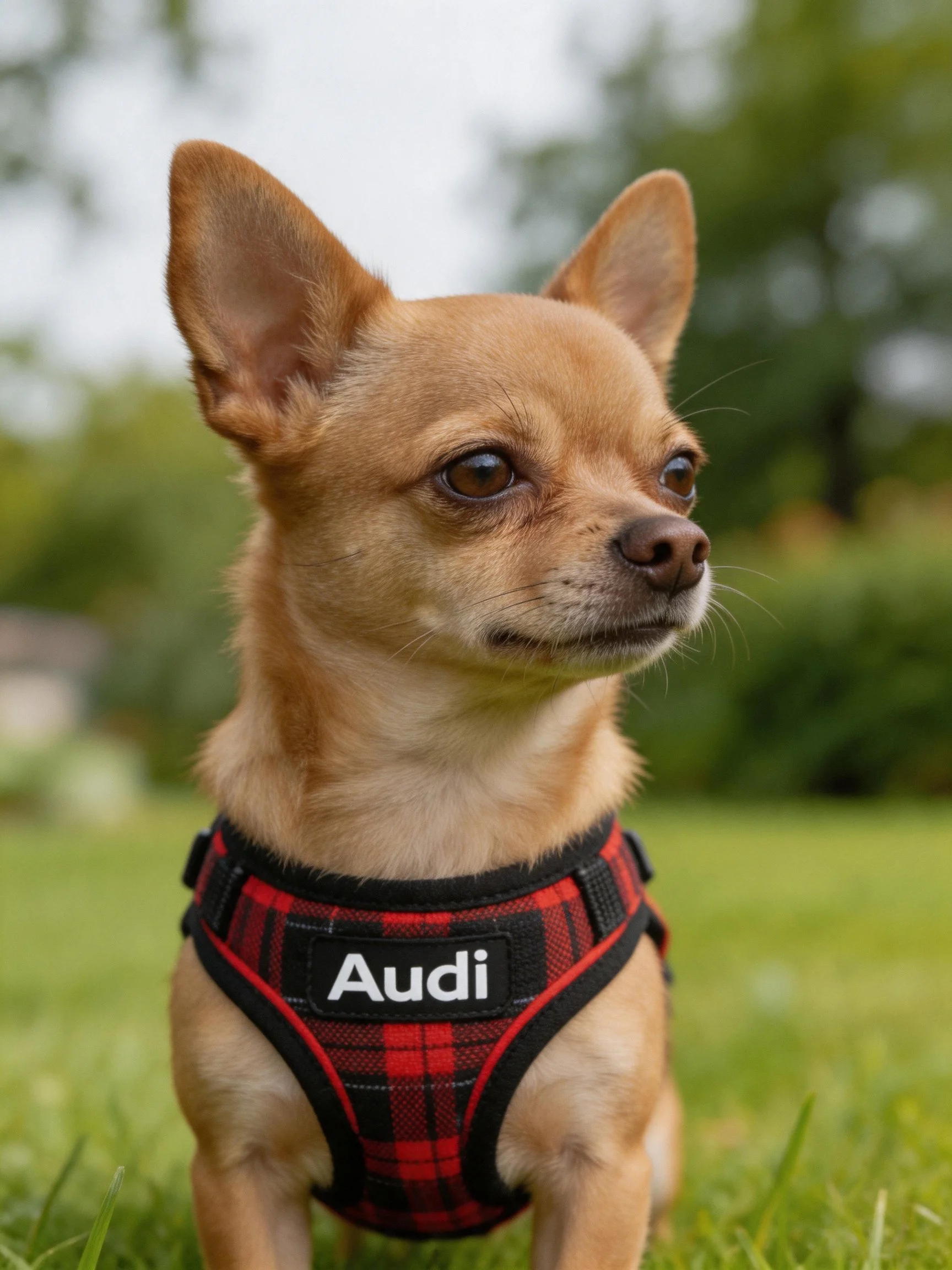 A tan Chihuahua sits outdoors in a red and black plaid harness.
