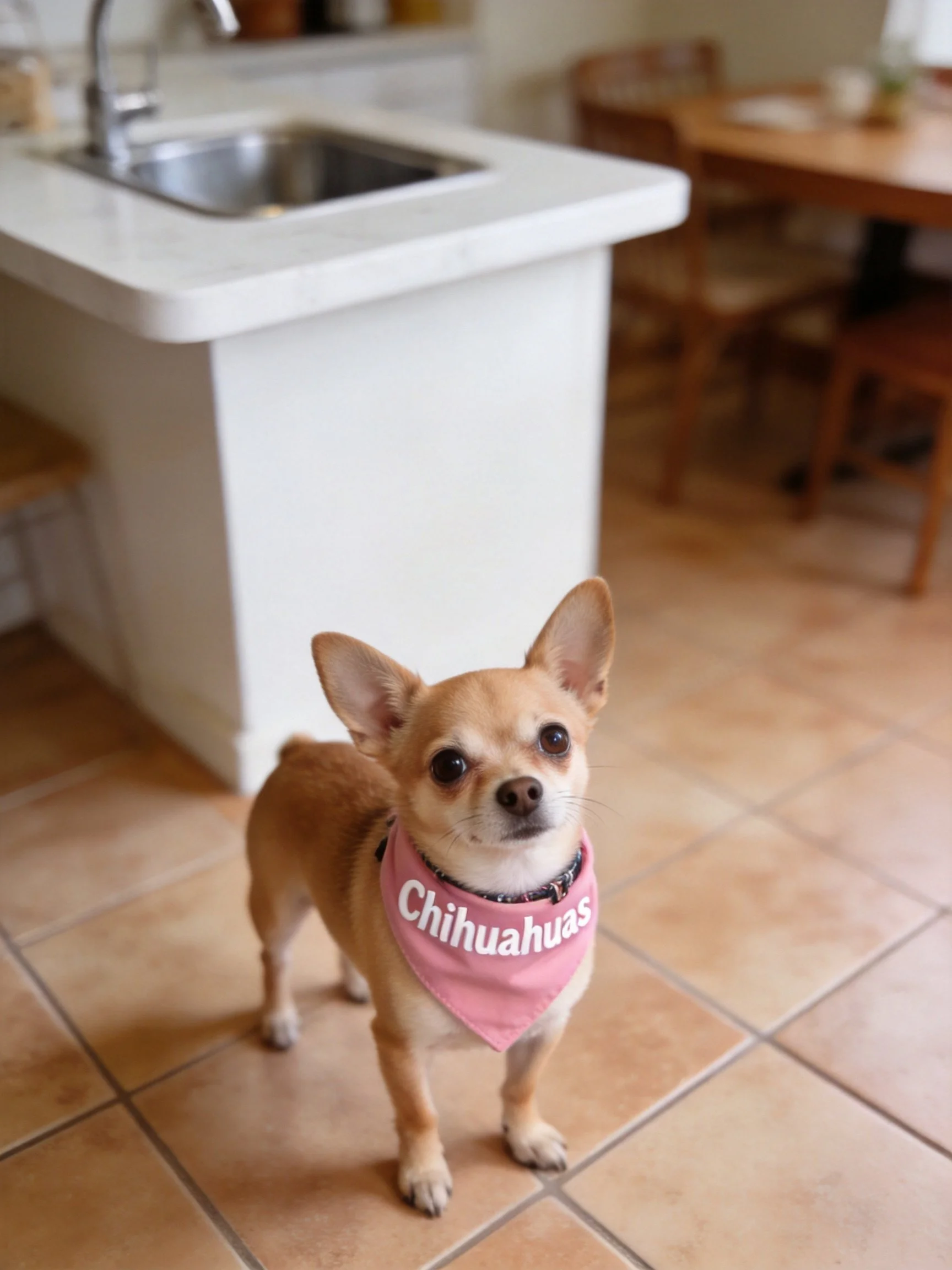 A Chihuahua with a pink bandana stands in a home kitchen.