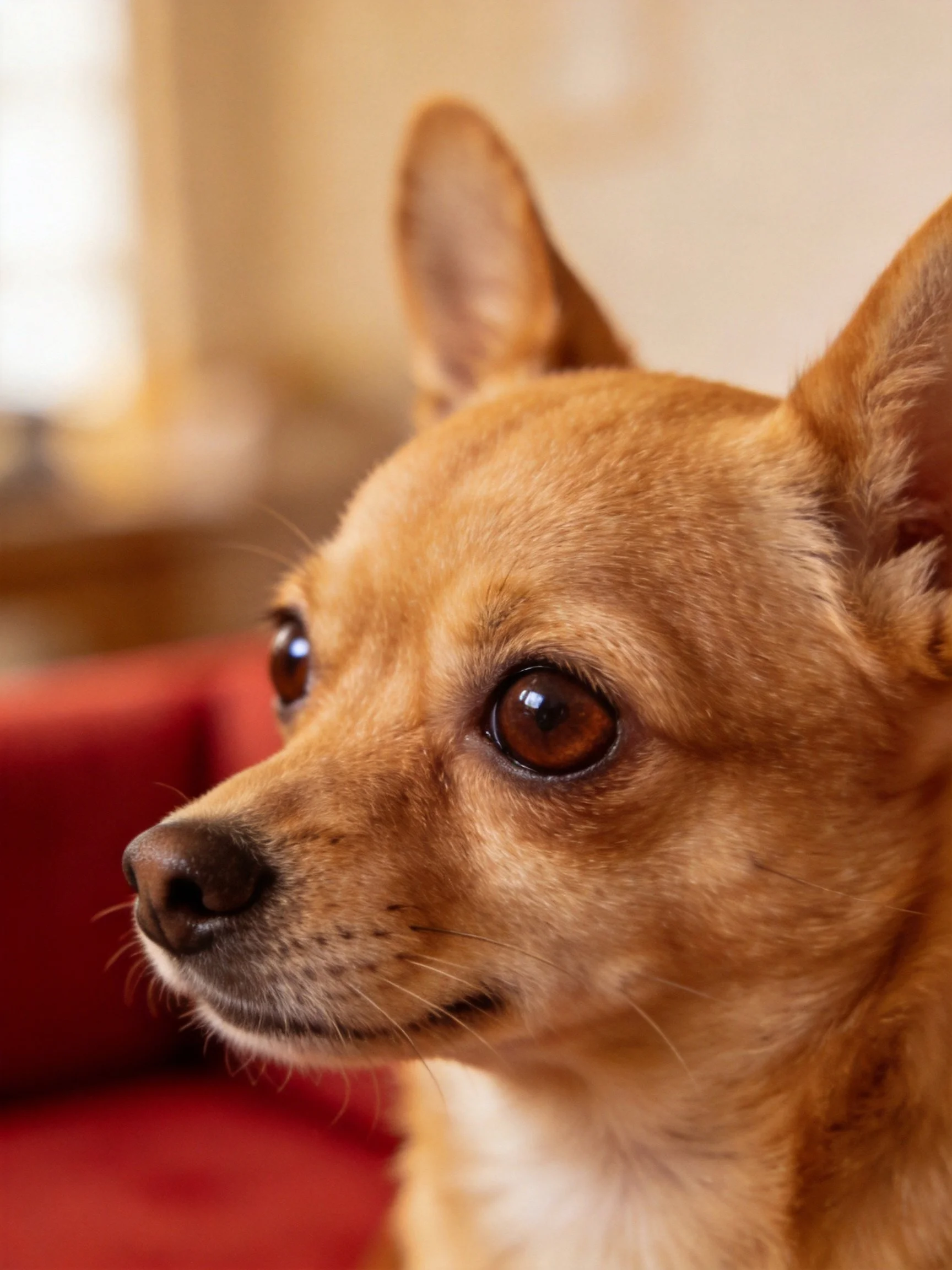 A tan Chihuahua looks attentively near a red couch.