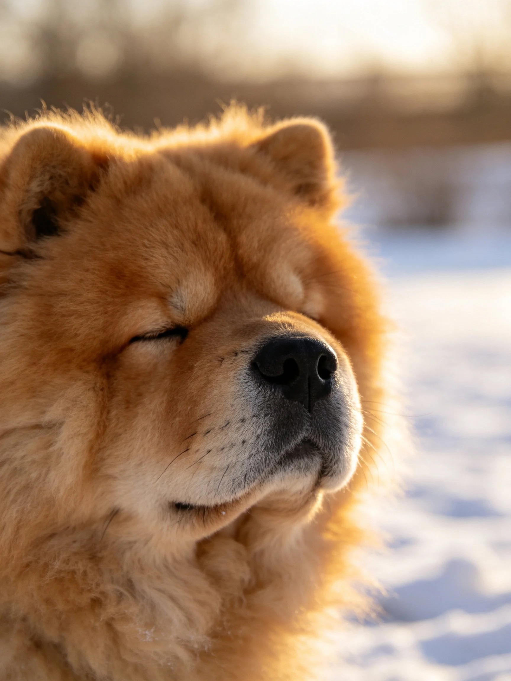 A tan Chow dog rests in a snowy outdoor scene with warm lighting
