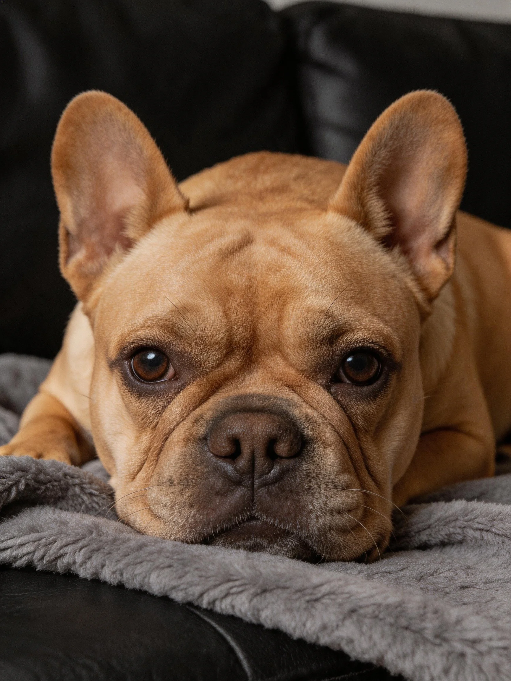 A tan French Bulldog rests on a gray blanket atop a black couch