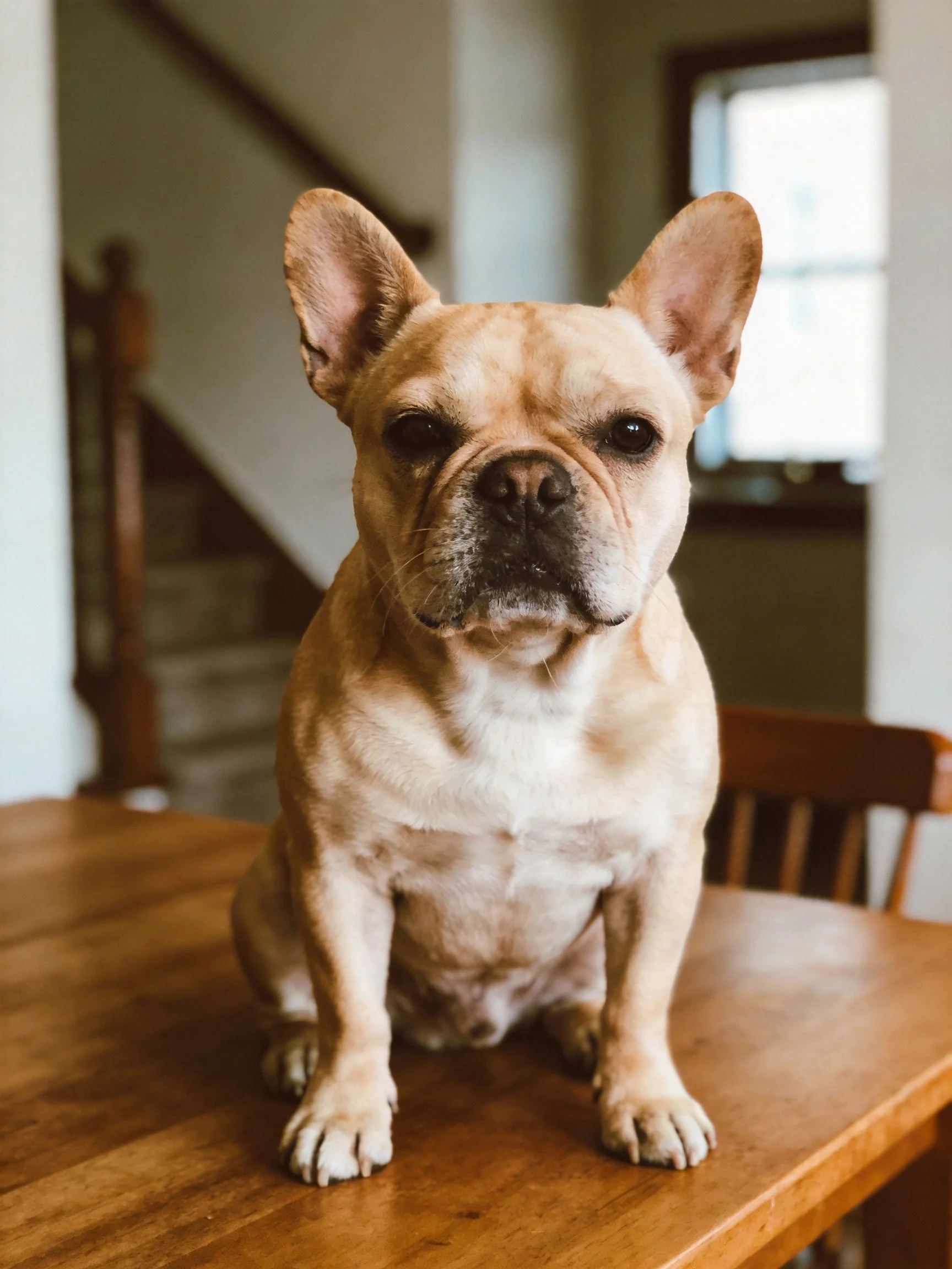 A tan French Bulldog sits calmly on a wooden table inside a home.