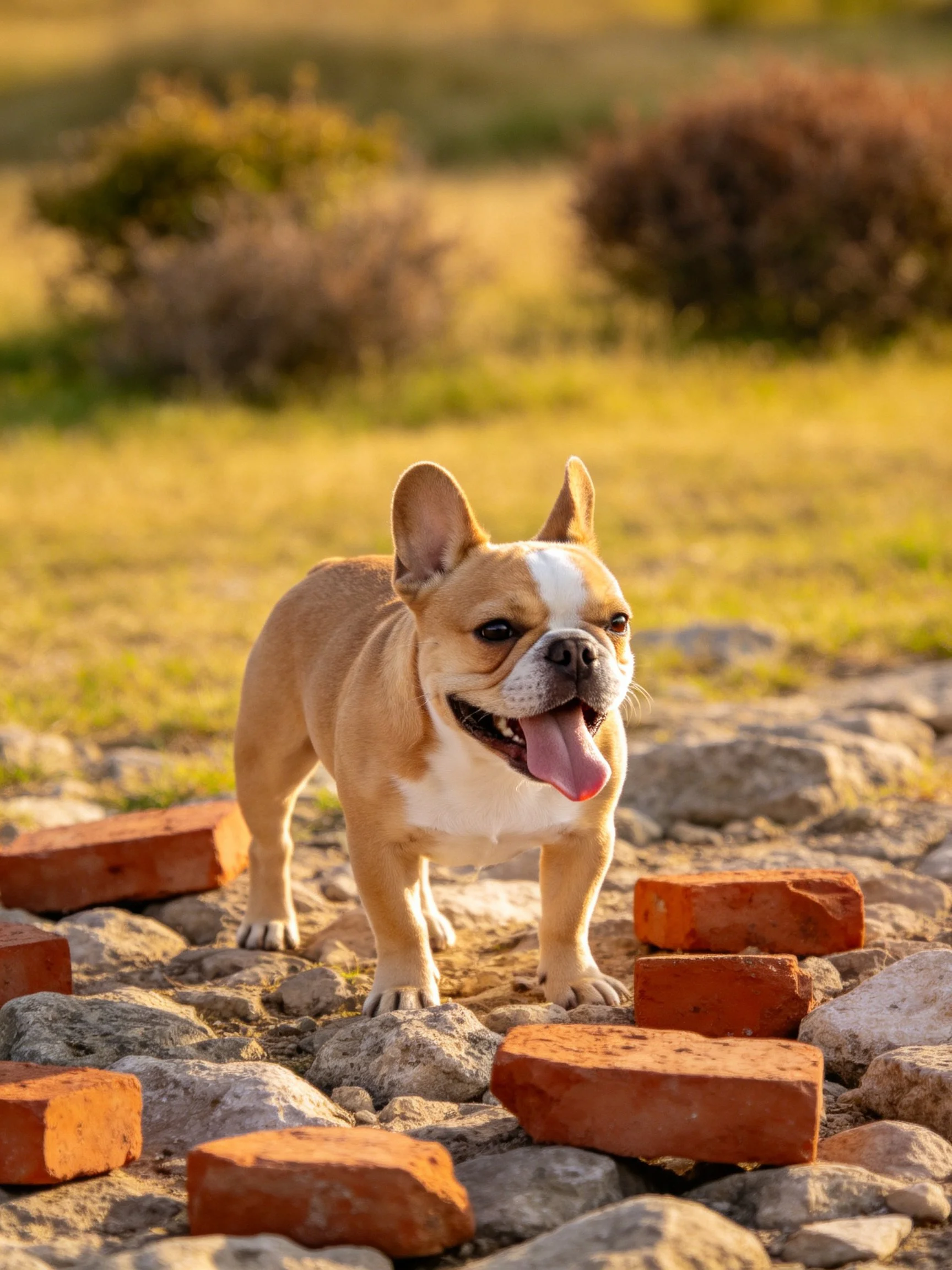 A tan French bulldog stands amid scattered red bricks and stones in an outdoor setting.