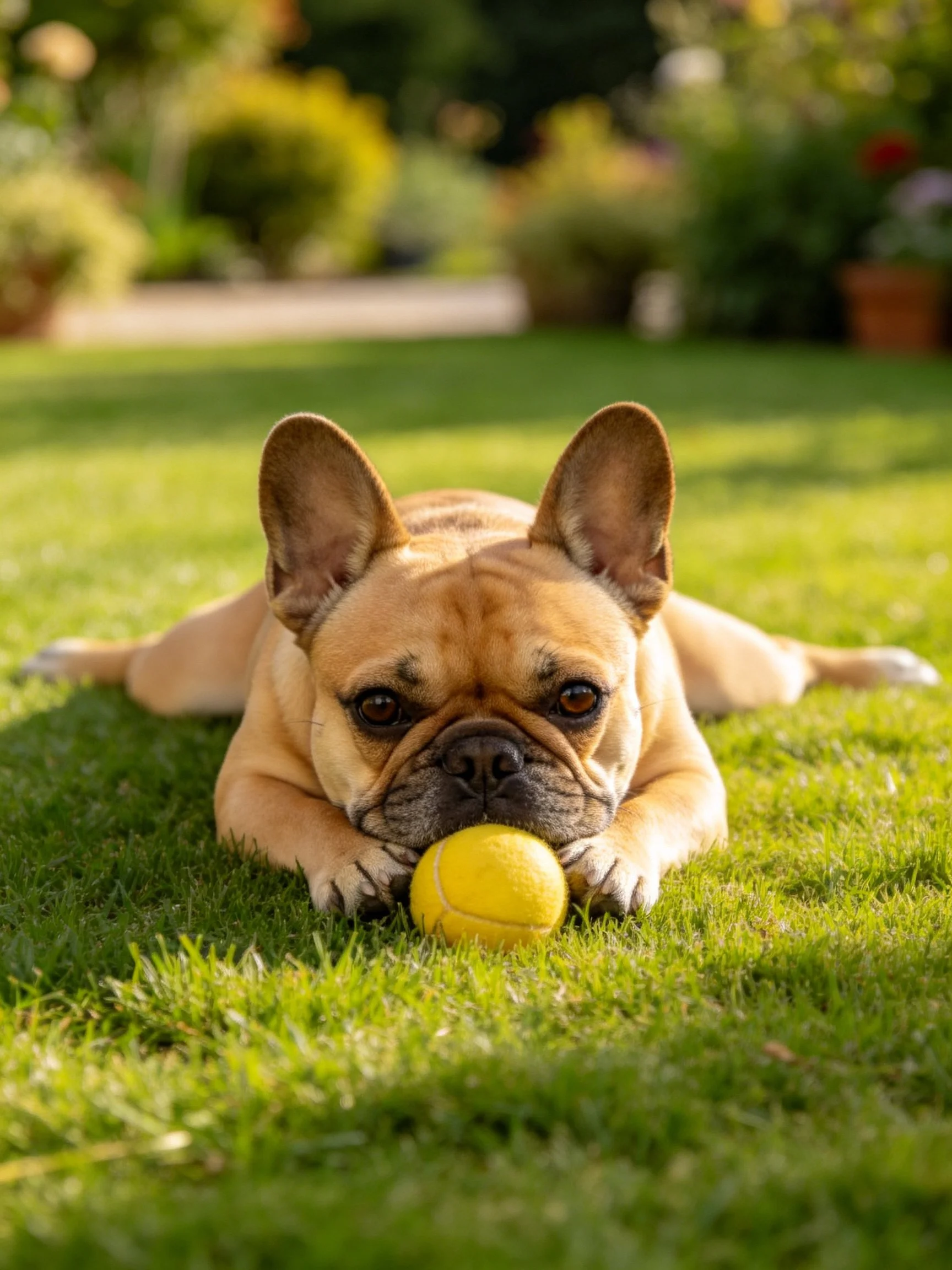 A tan French bulldog relaxes on grass with a yellow tennis ball.