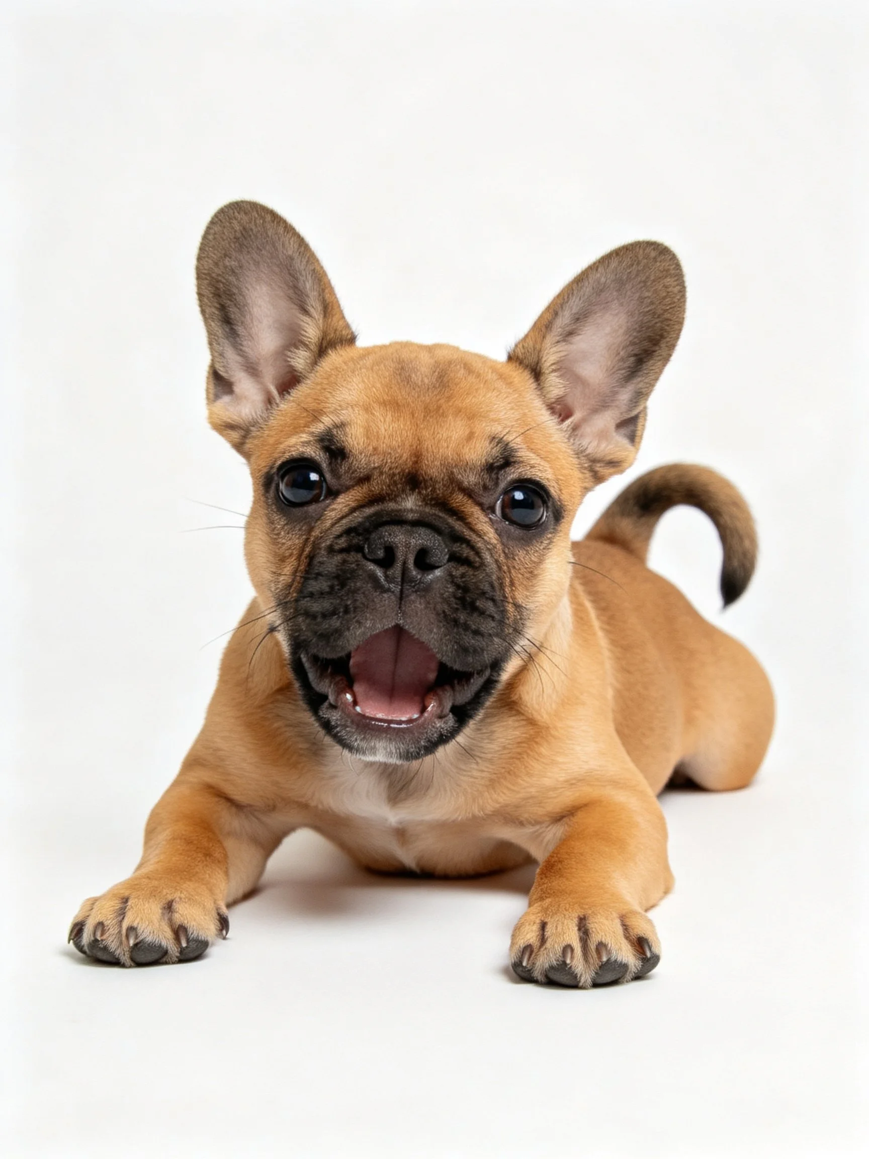 A tan French bulldog puppy with upright ears rests on a stark white background.