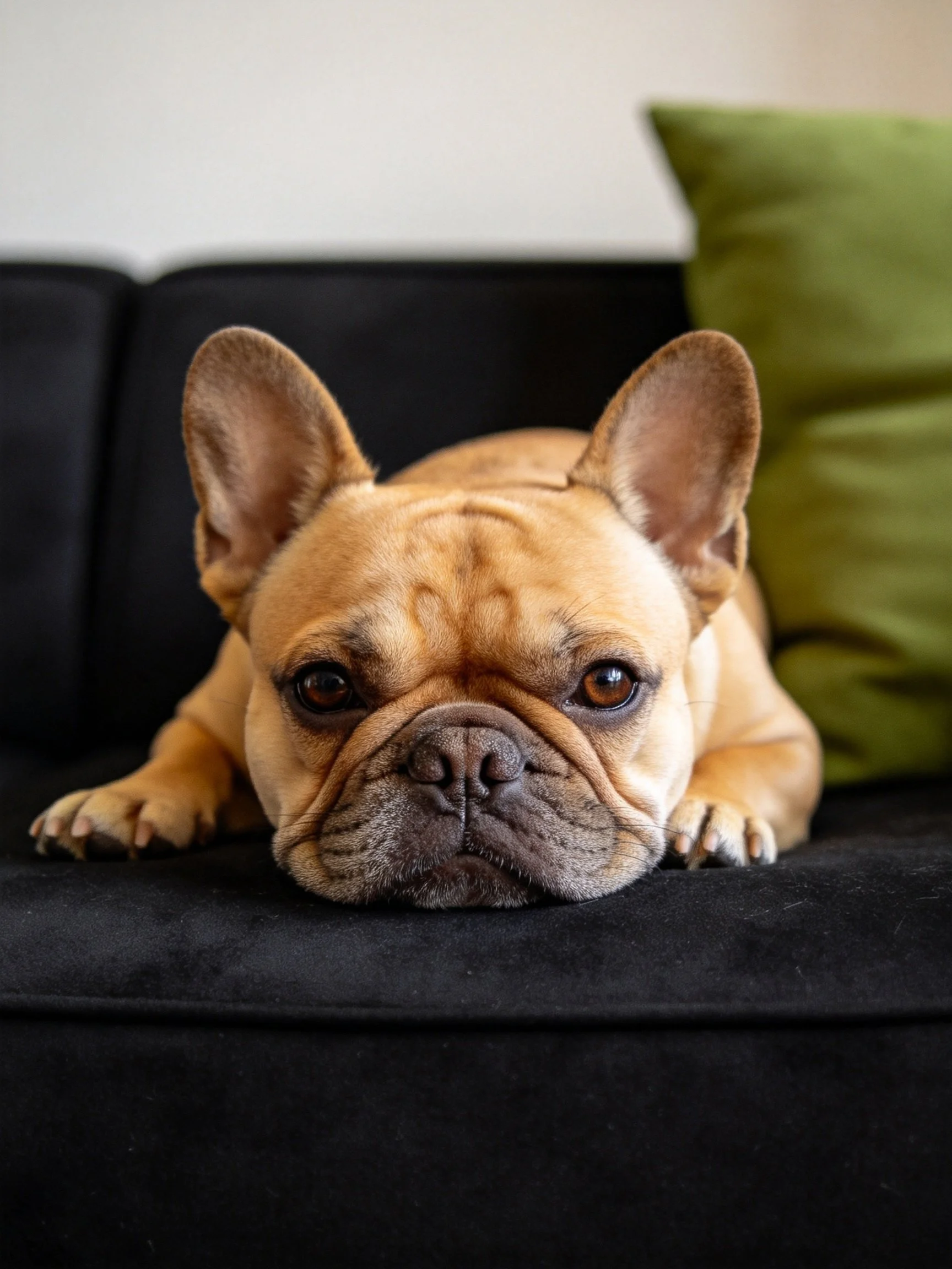 A tan French bulldog lies on a black couch next to a green pillow