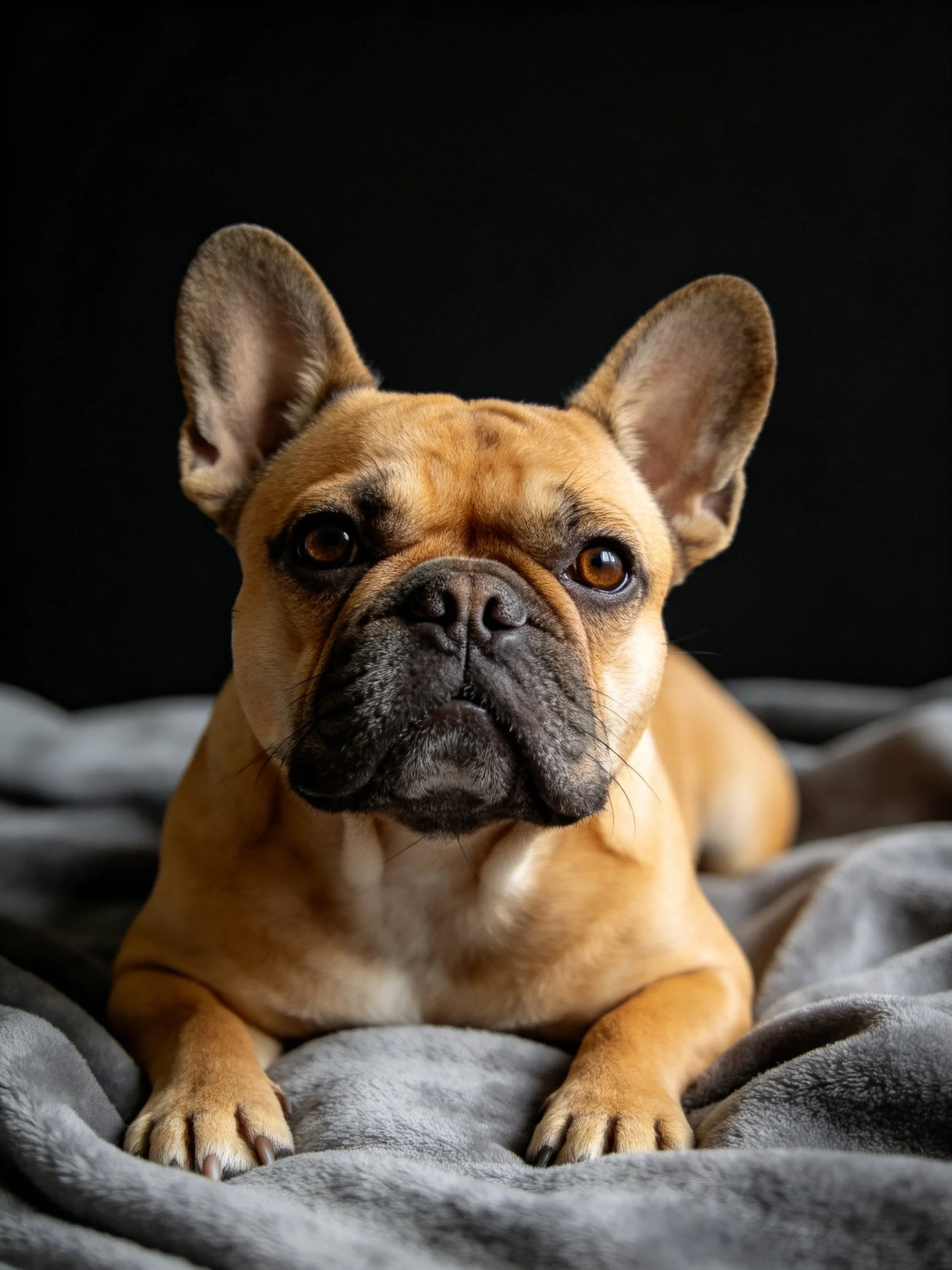 A tan French bulldog lies calmly on a gray blanket against a dark background.