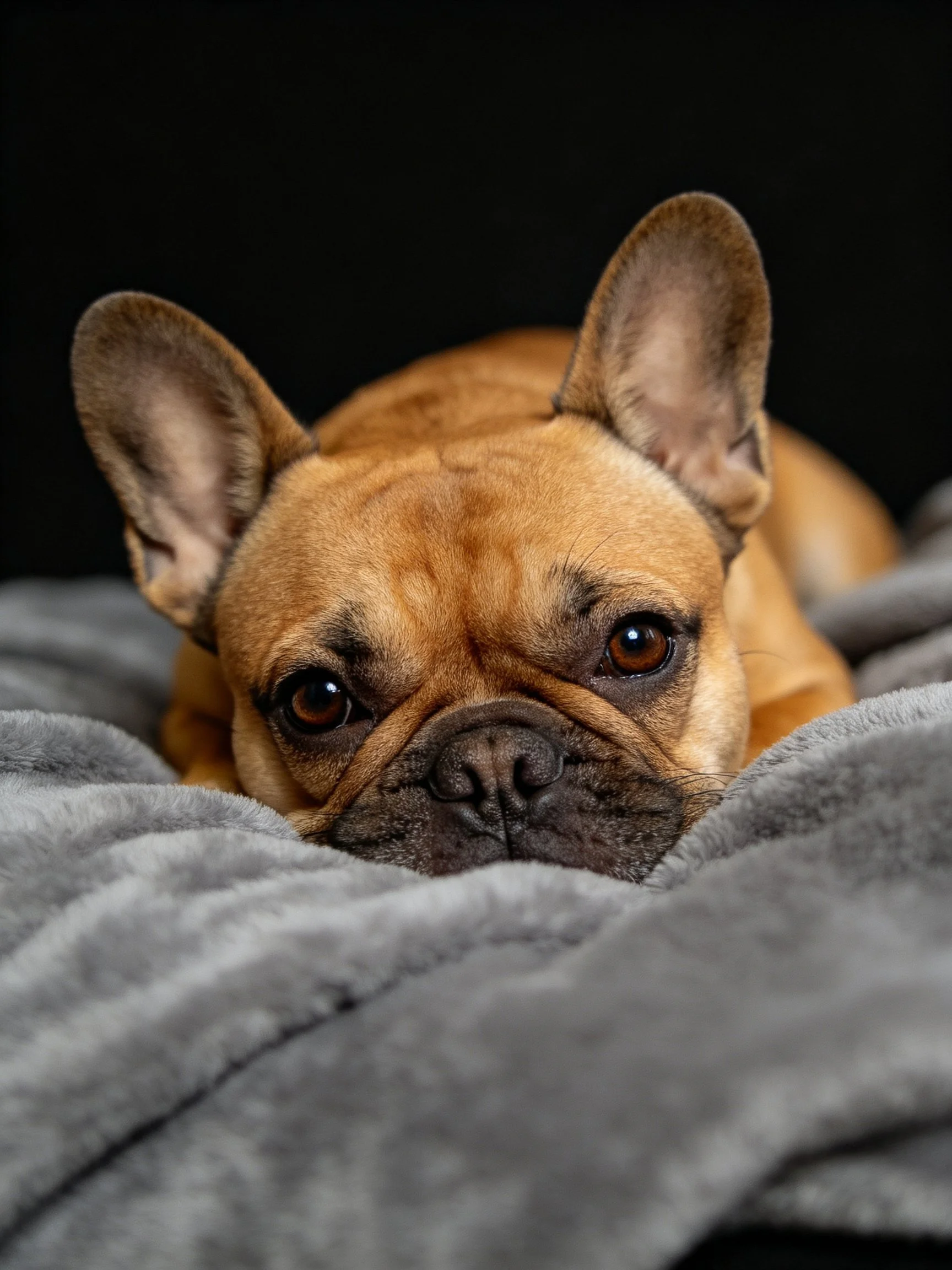 A tan French bulldog lies on a gray blanket with a dark backdrop.