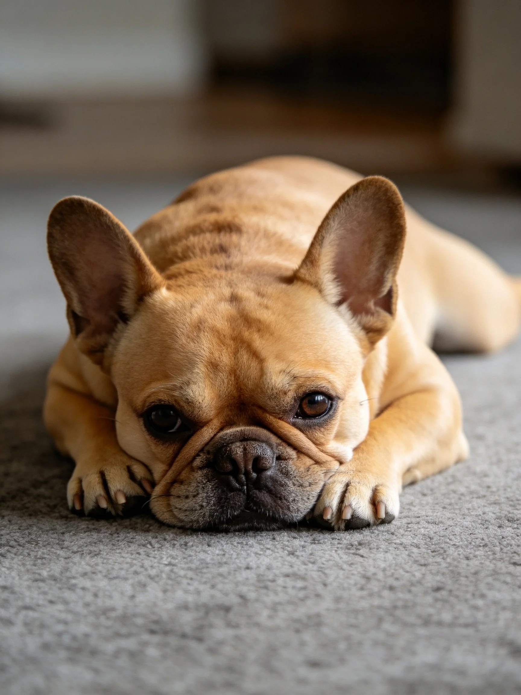 A tan French bulldog lies comfortably on a gray carpet indoors