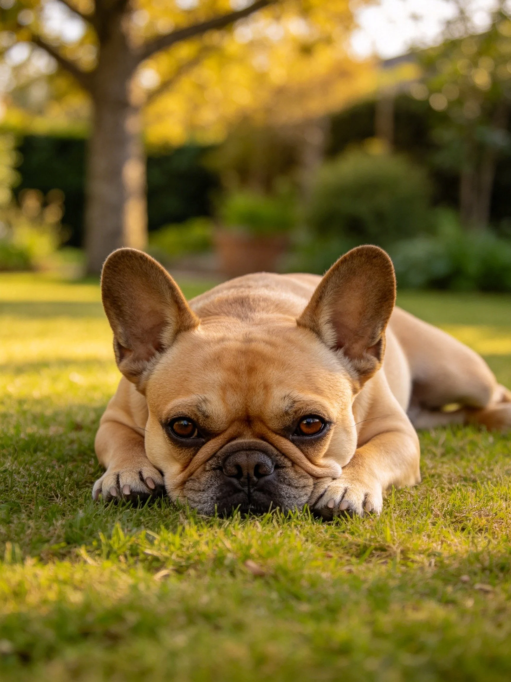 A tan French bulldog relaxes on grass in a sunlit outdoor setting.