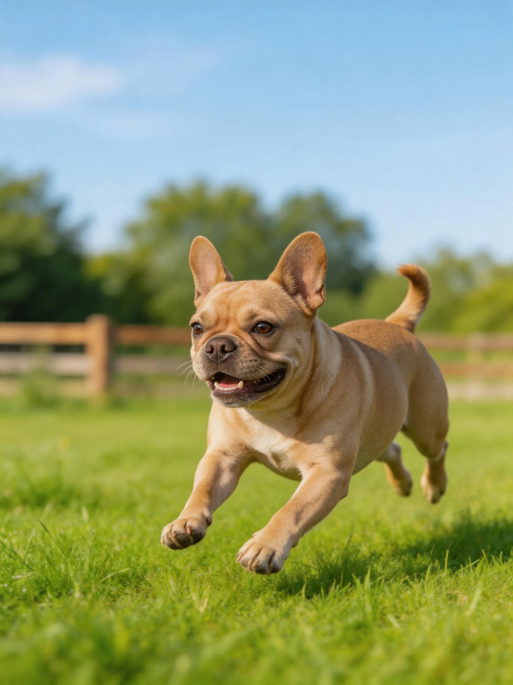 A tan French bulldog dashes happily across a sunny grassy field.