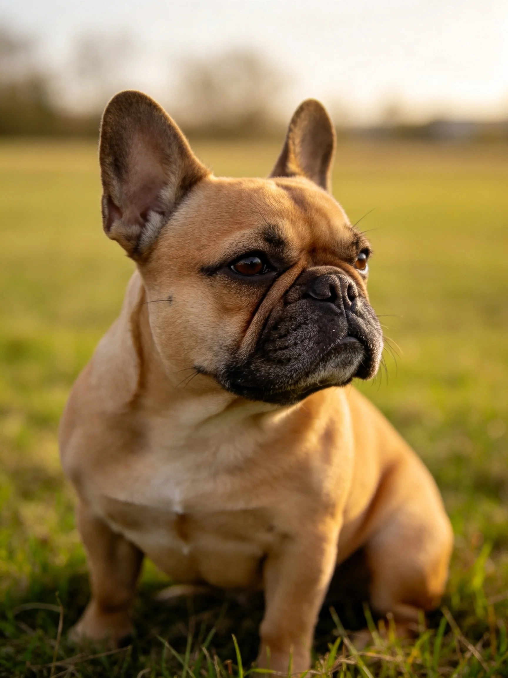 A tan French bulldog sits attentively on a grassy field.