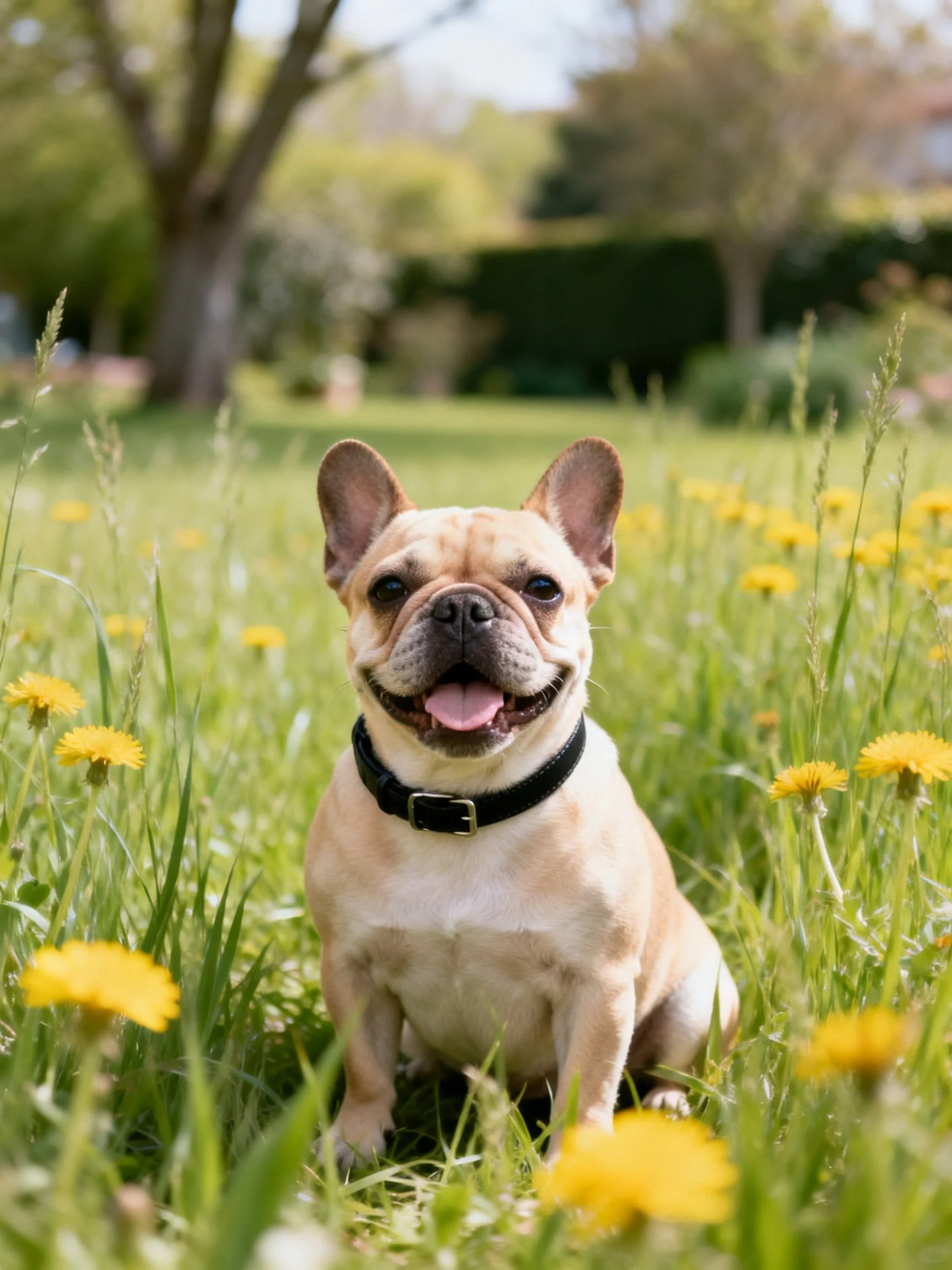 A tan French bulldog relaxes in a sunlit meadow with yellow flowers