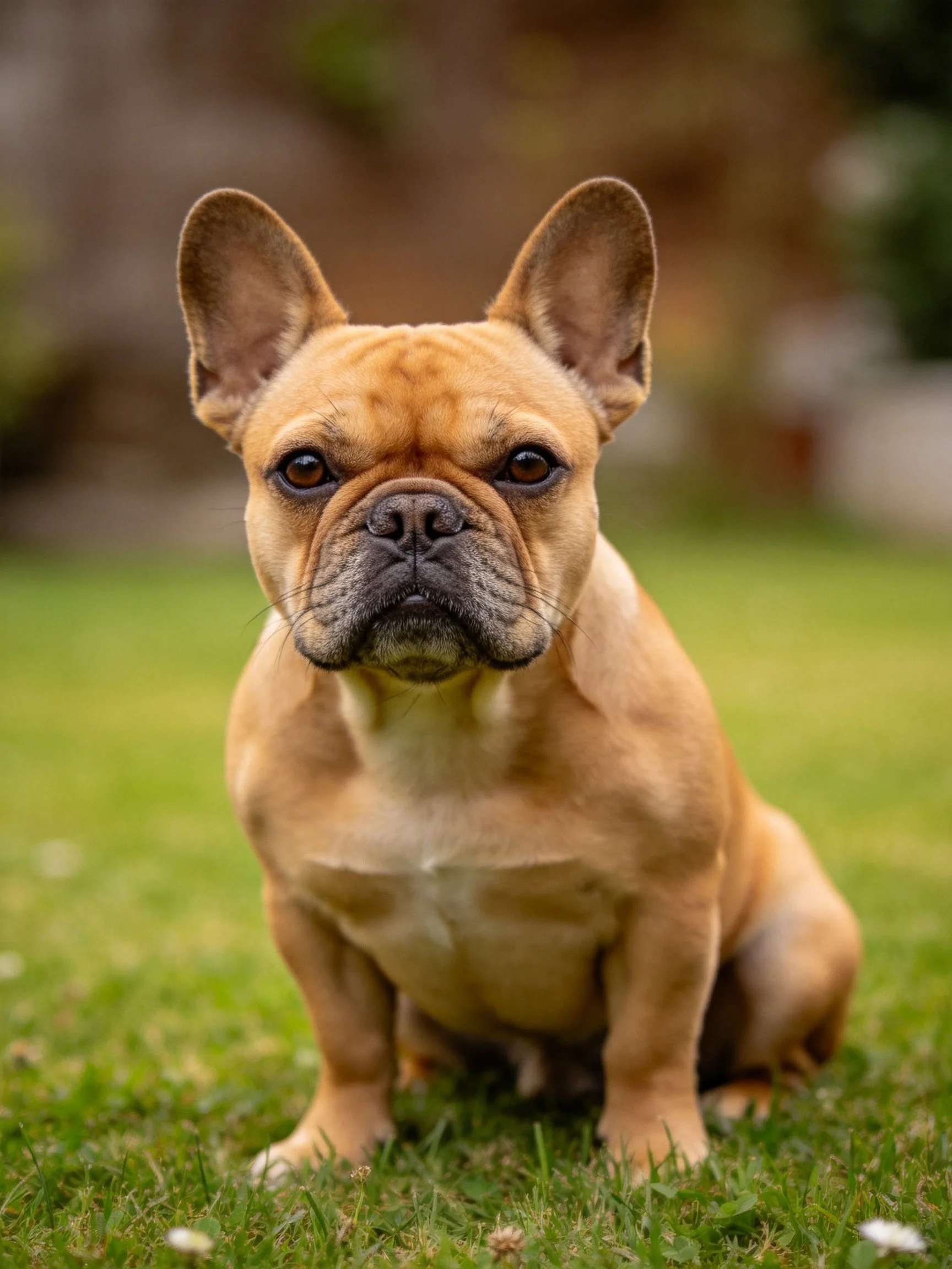 A tan French bulldog sits on green grass in a blurred outdoor setting