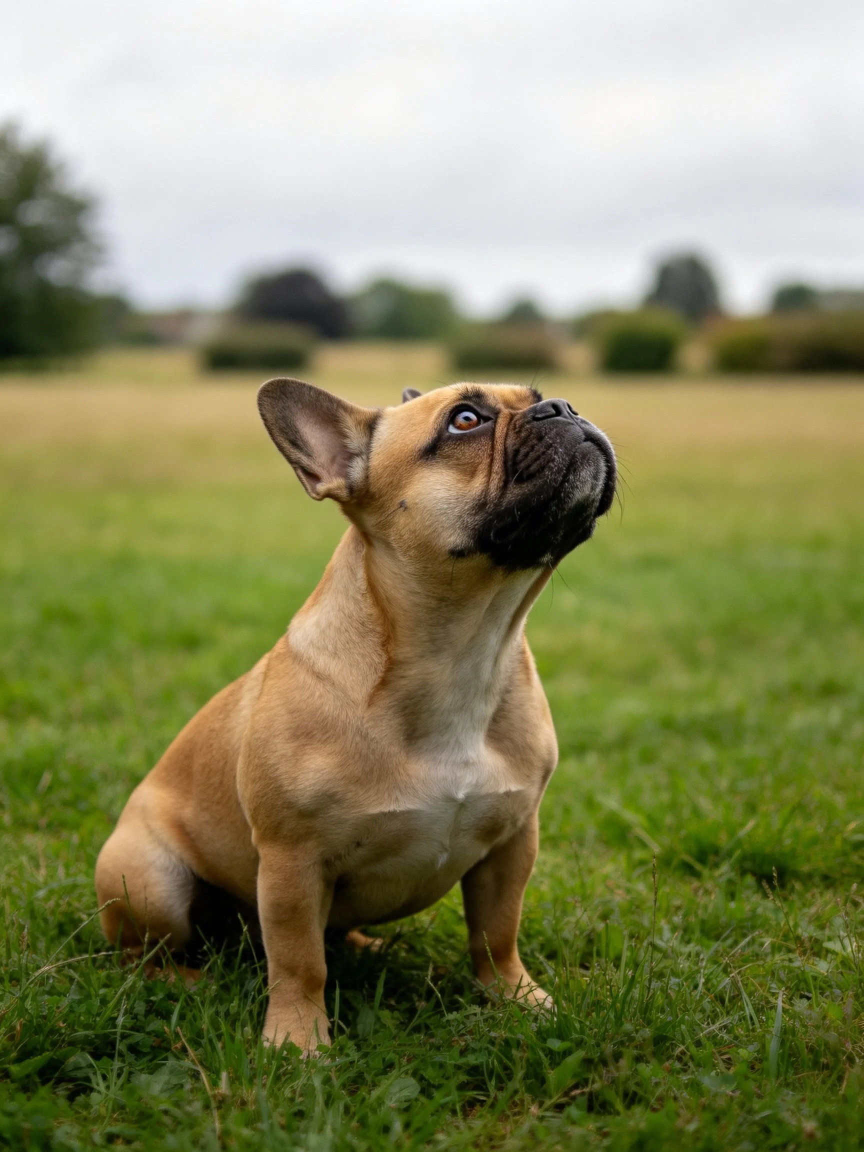 A tan French bulldog sits attentively on green grass in an open field.