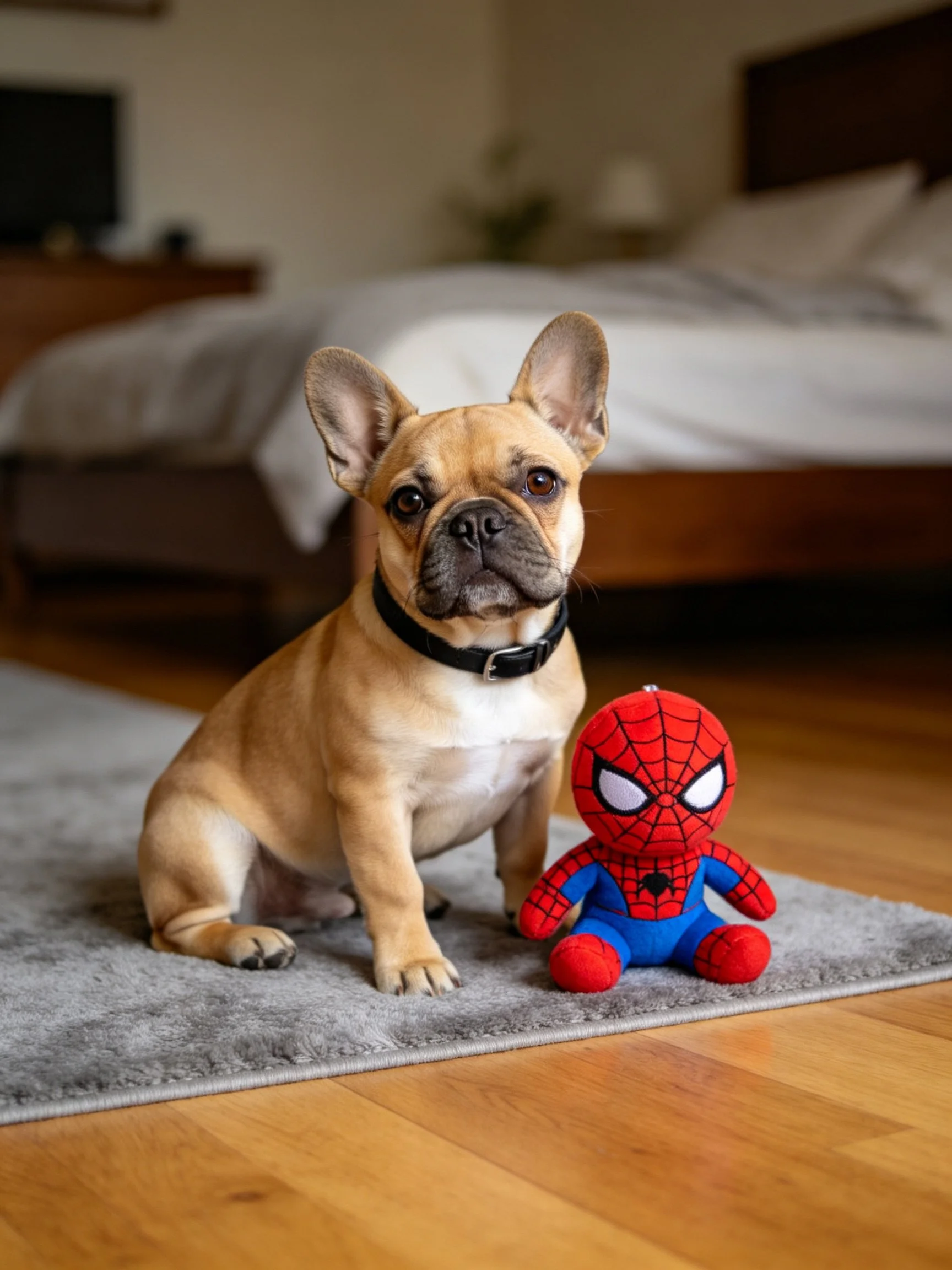 A tan French bulldog sits next to a Spider - Man stuffed toy in a bedroom