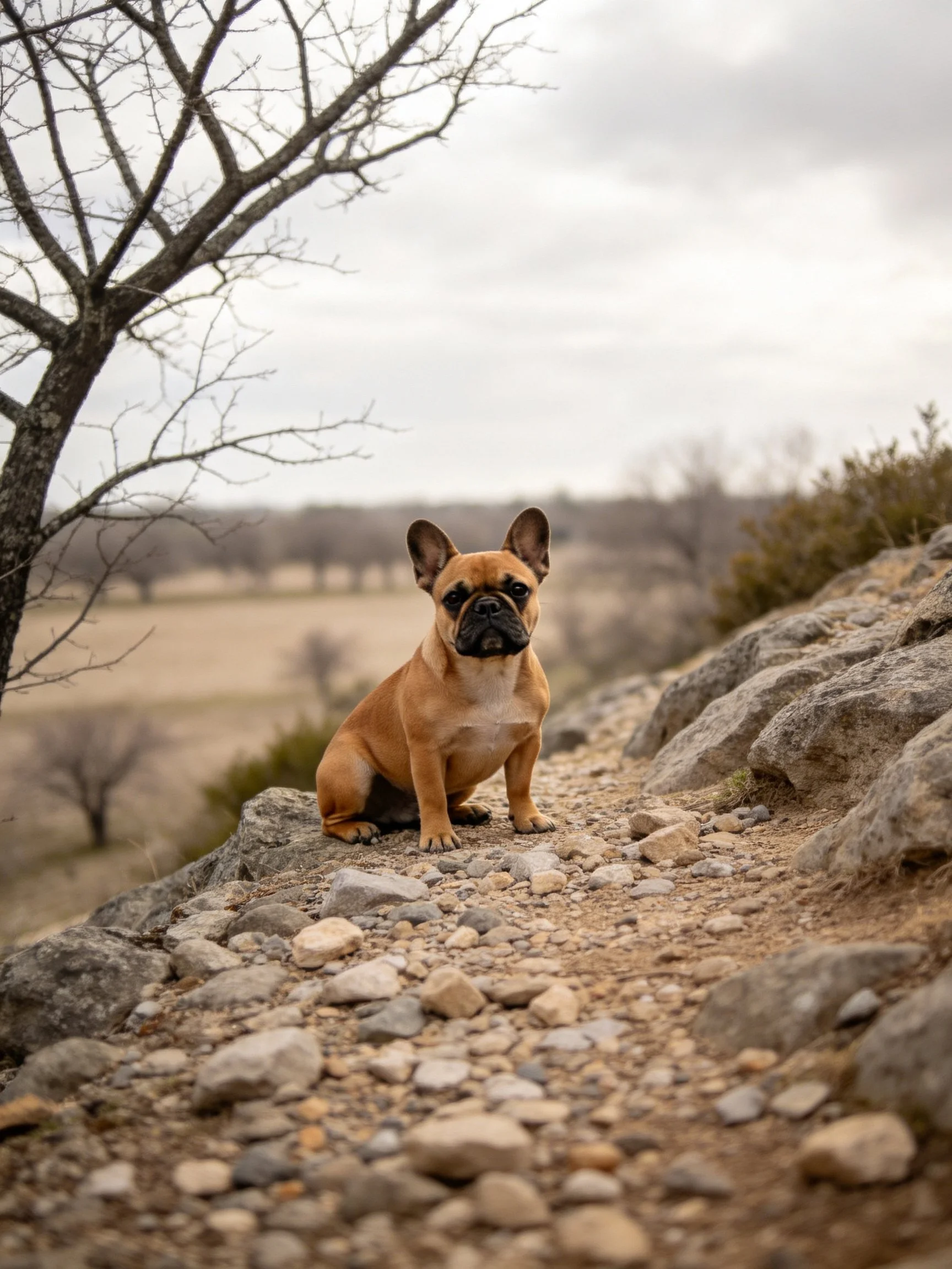 A tan French bulldog sits calmly on a rocky hillside in an open landscape.