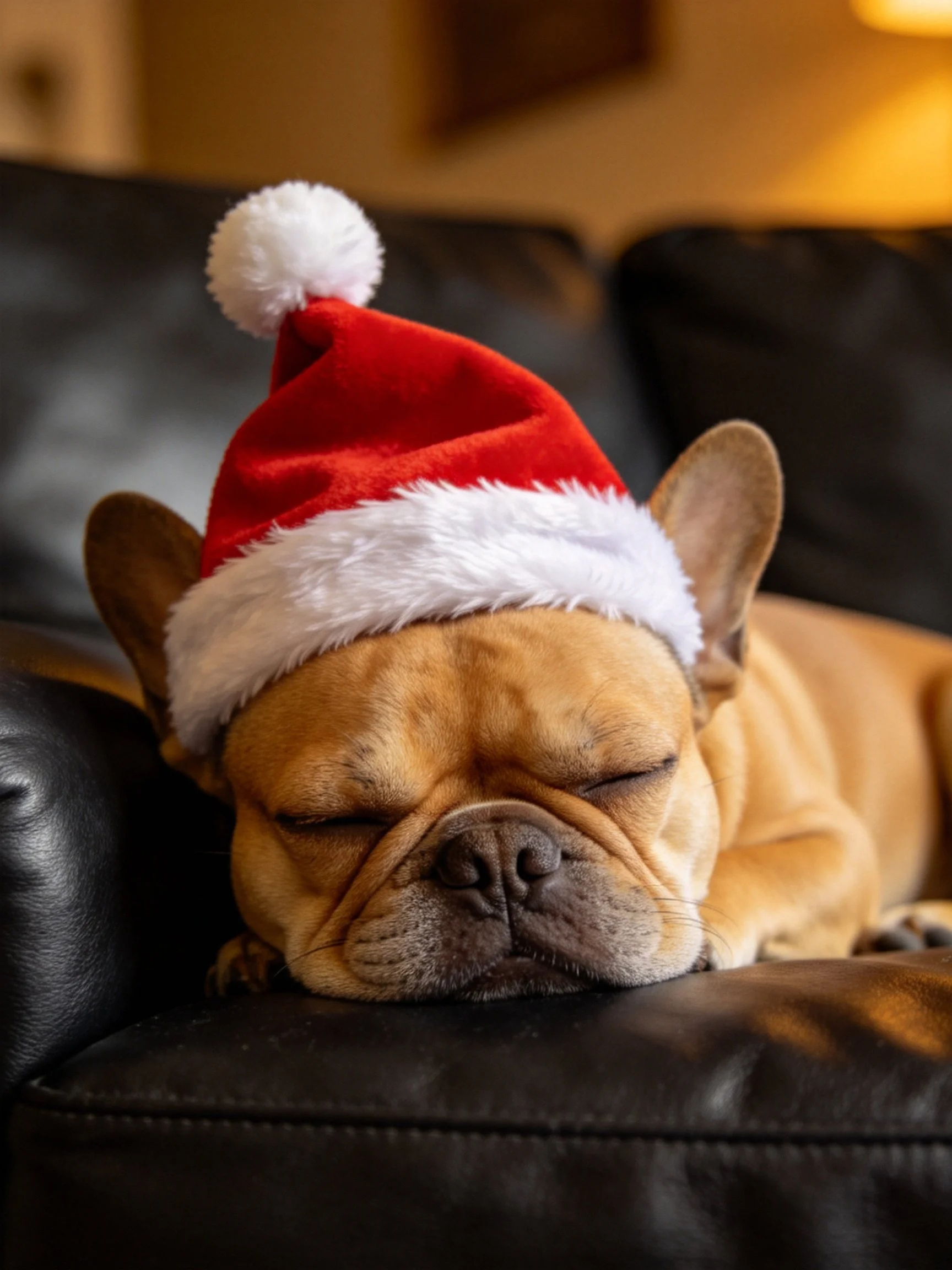 A tan French bulldog naps on a black couch with a red Santa hat
