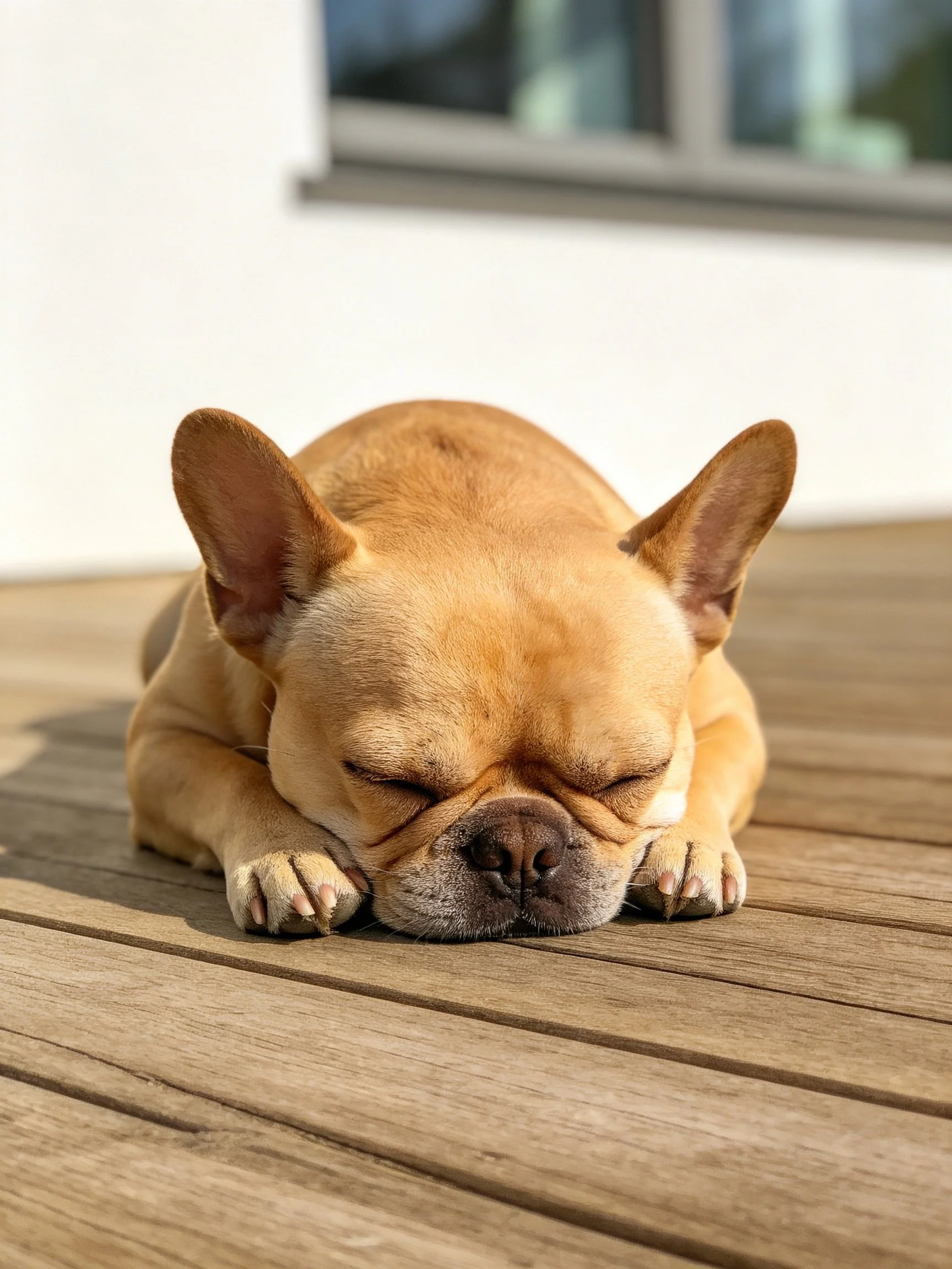 A tan French bulldog sleeps on wooden planks in bright sunlight