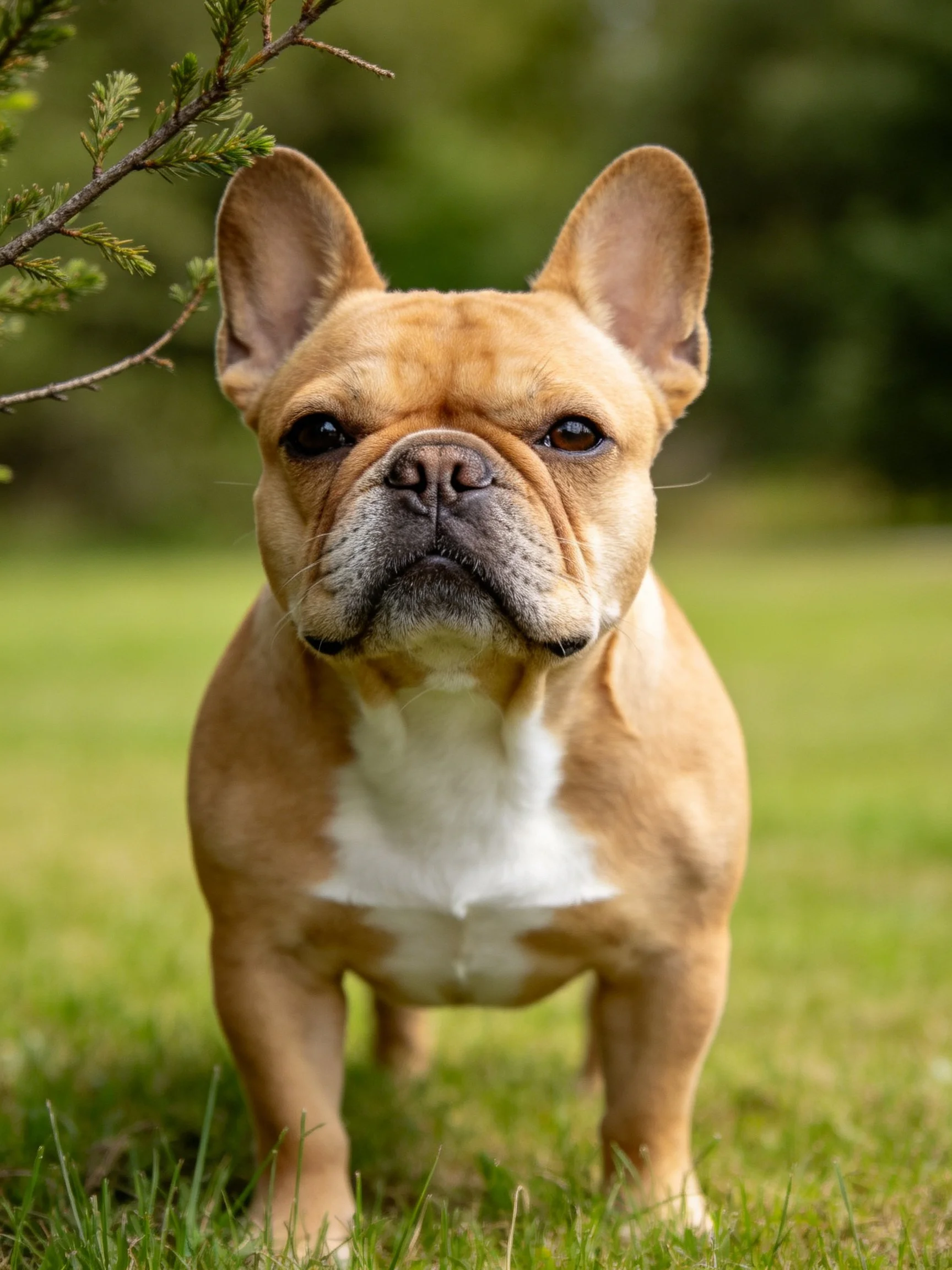 A tan French bulldog stands alert on green grass near foliage