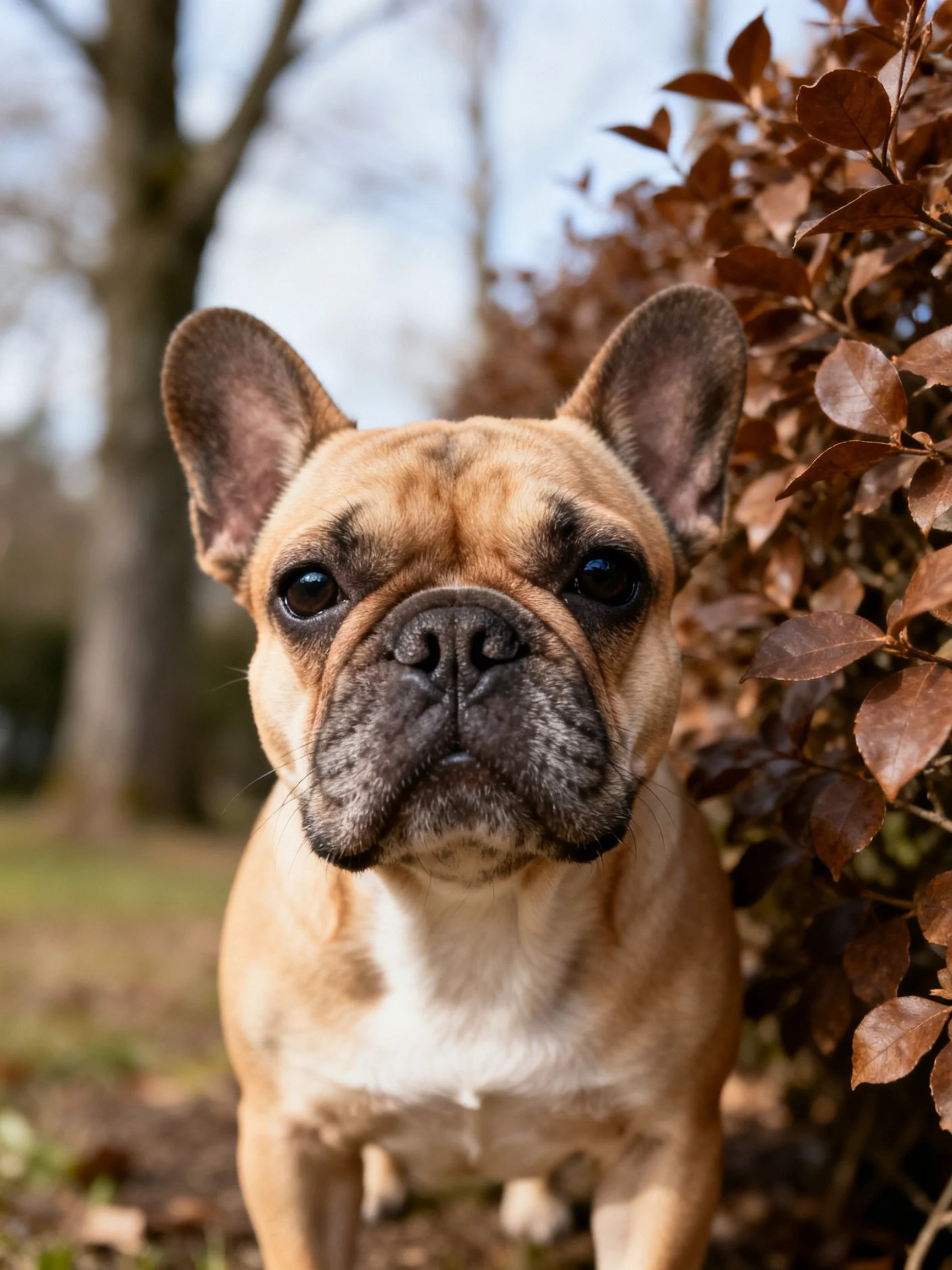 A tan French bulldog stands by brown foliage outdoors.