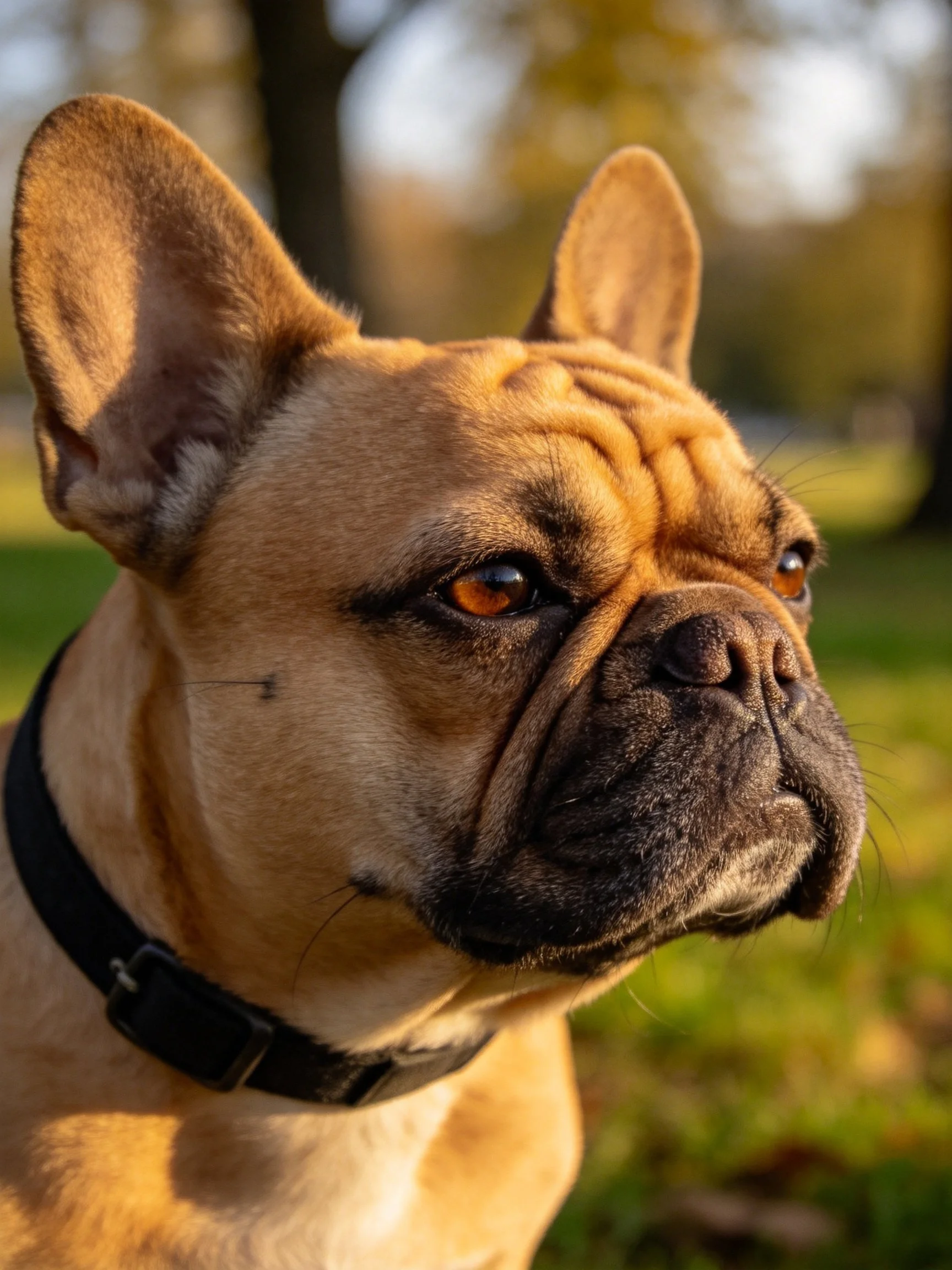 A tan French bulldog with a black collar in a sunlit park