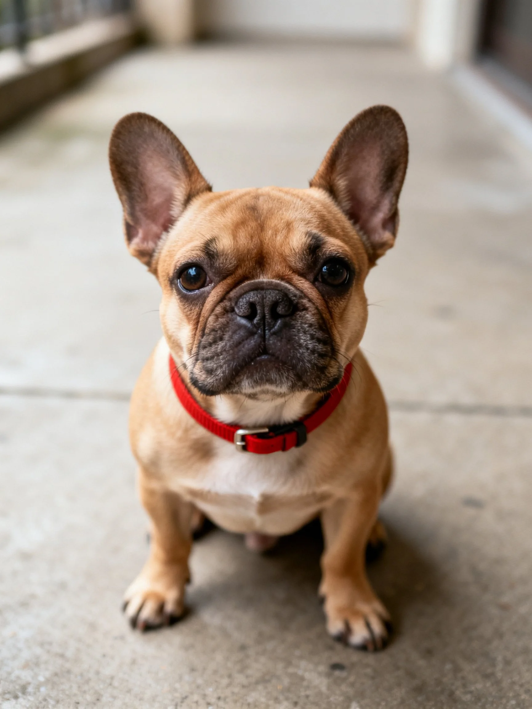 A tan French bulldog with a red collar sits calmly on a smooth concrete surface.