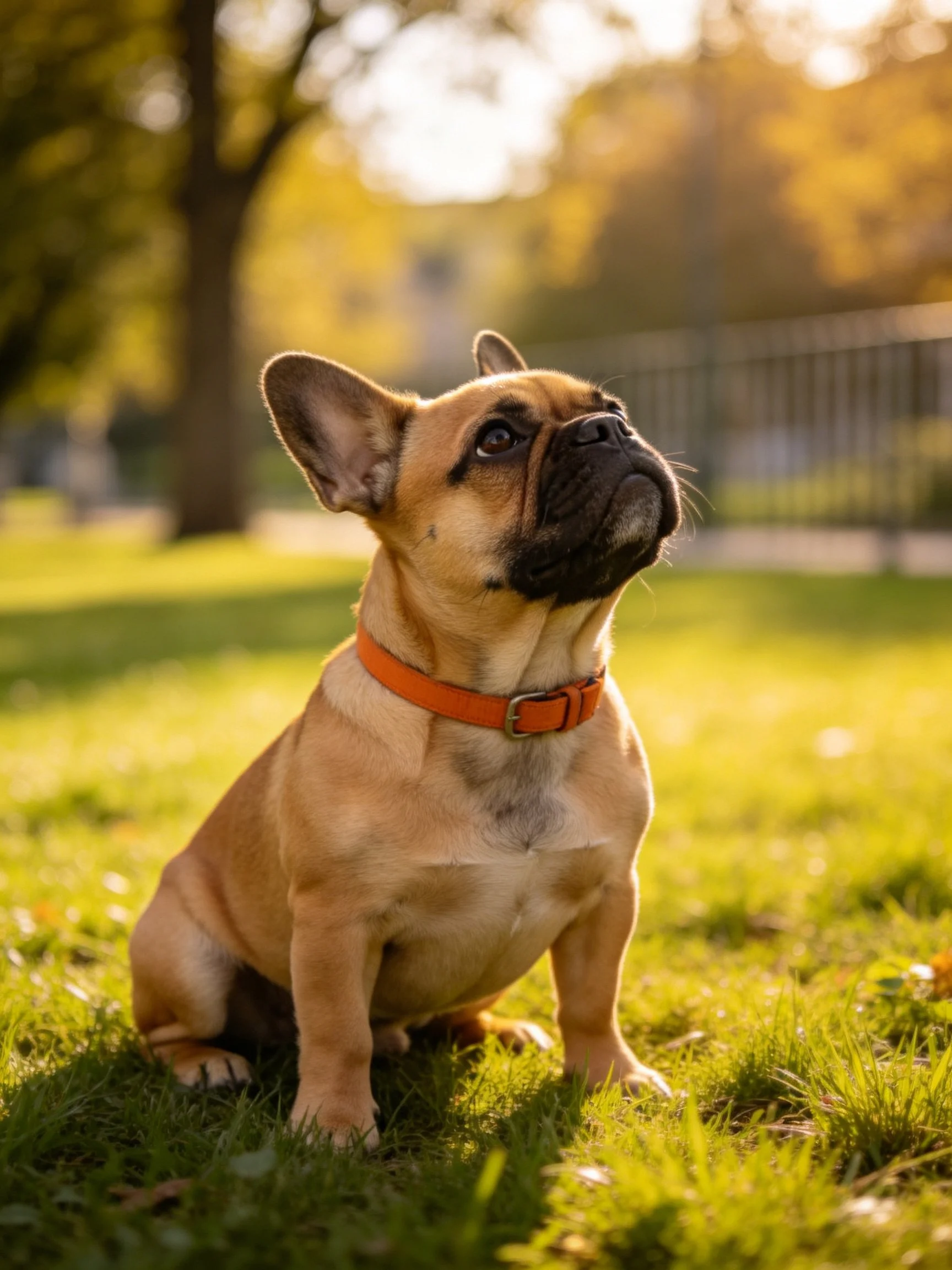 A tan French bulldog with an orange collar sits attentively on grass in a sunlit outdoor setting.