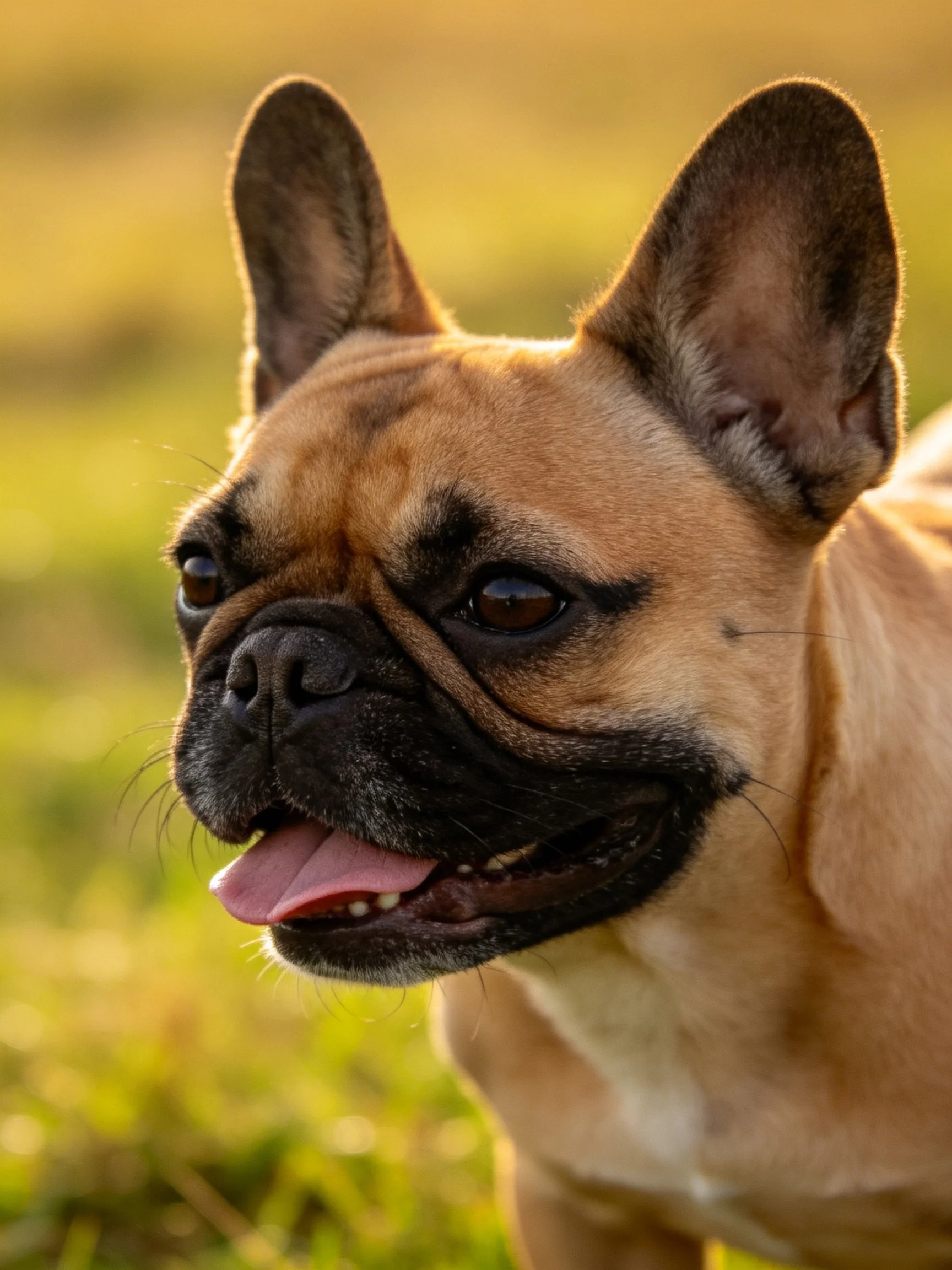 A tan French bulldog with black facial markings is shown in a sunlit outdoor setting.