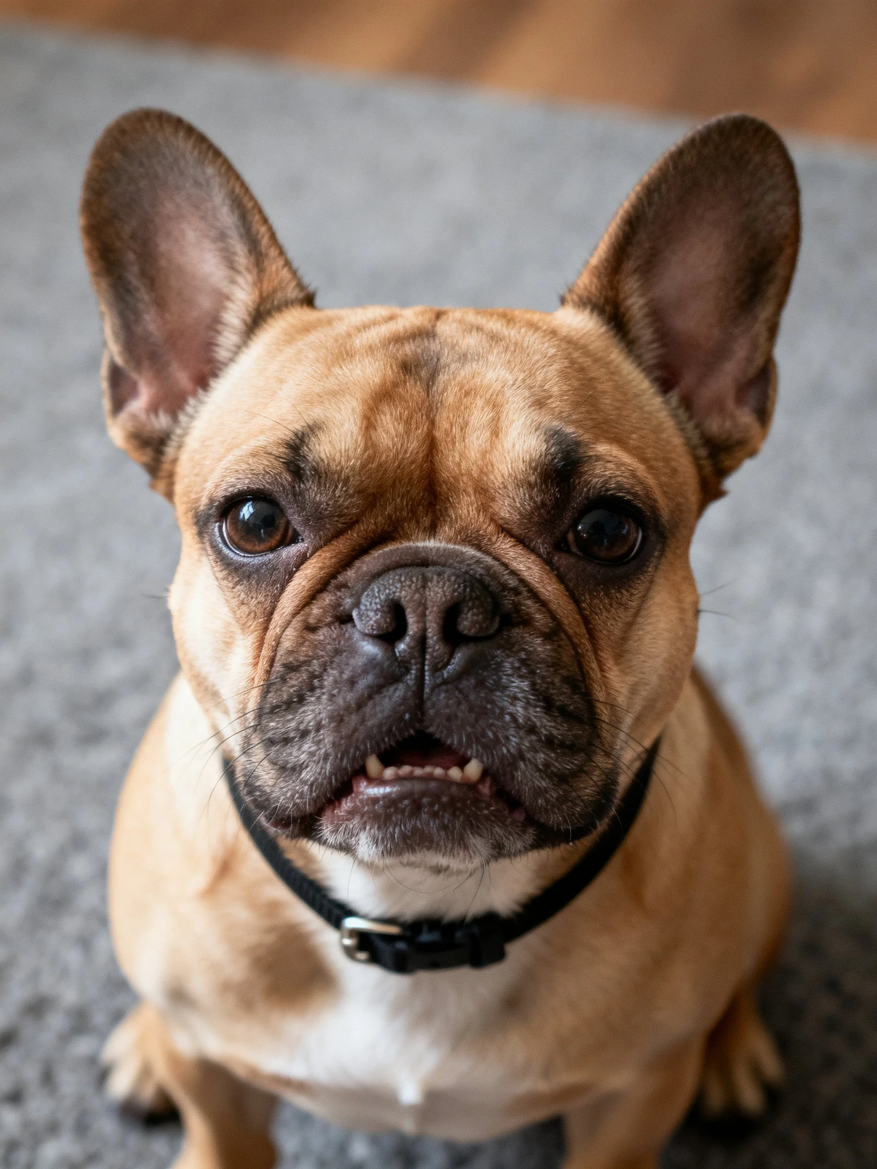 A tan French bulldog sits attentively on a gray carpet