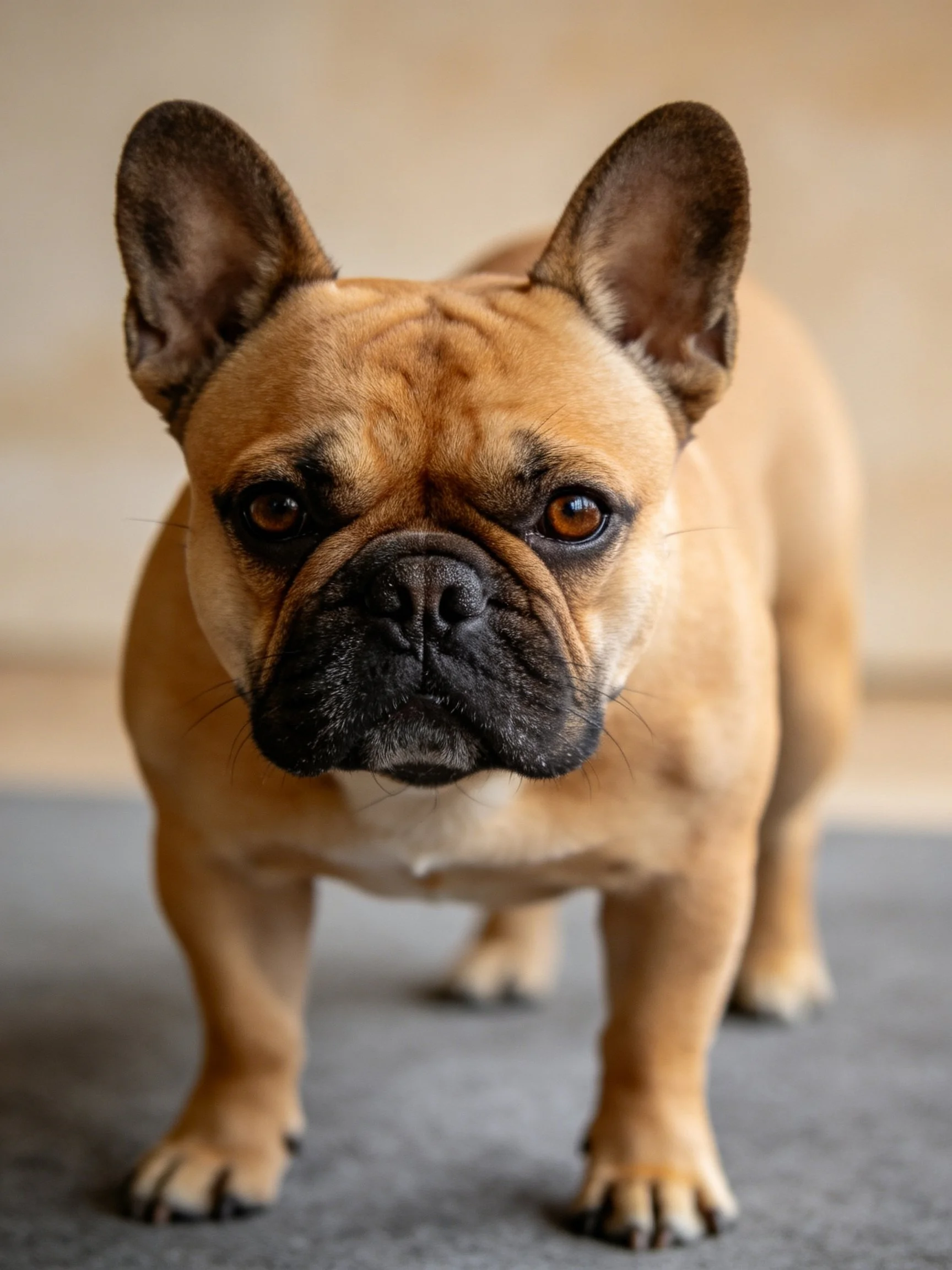 A tan French bulldog faces forward while standing on a gray carpet