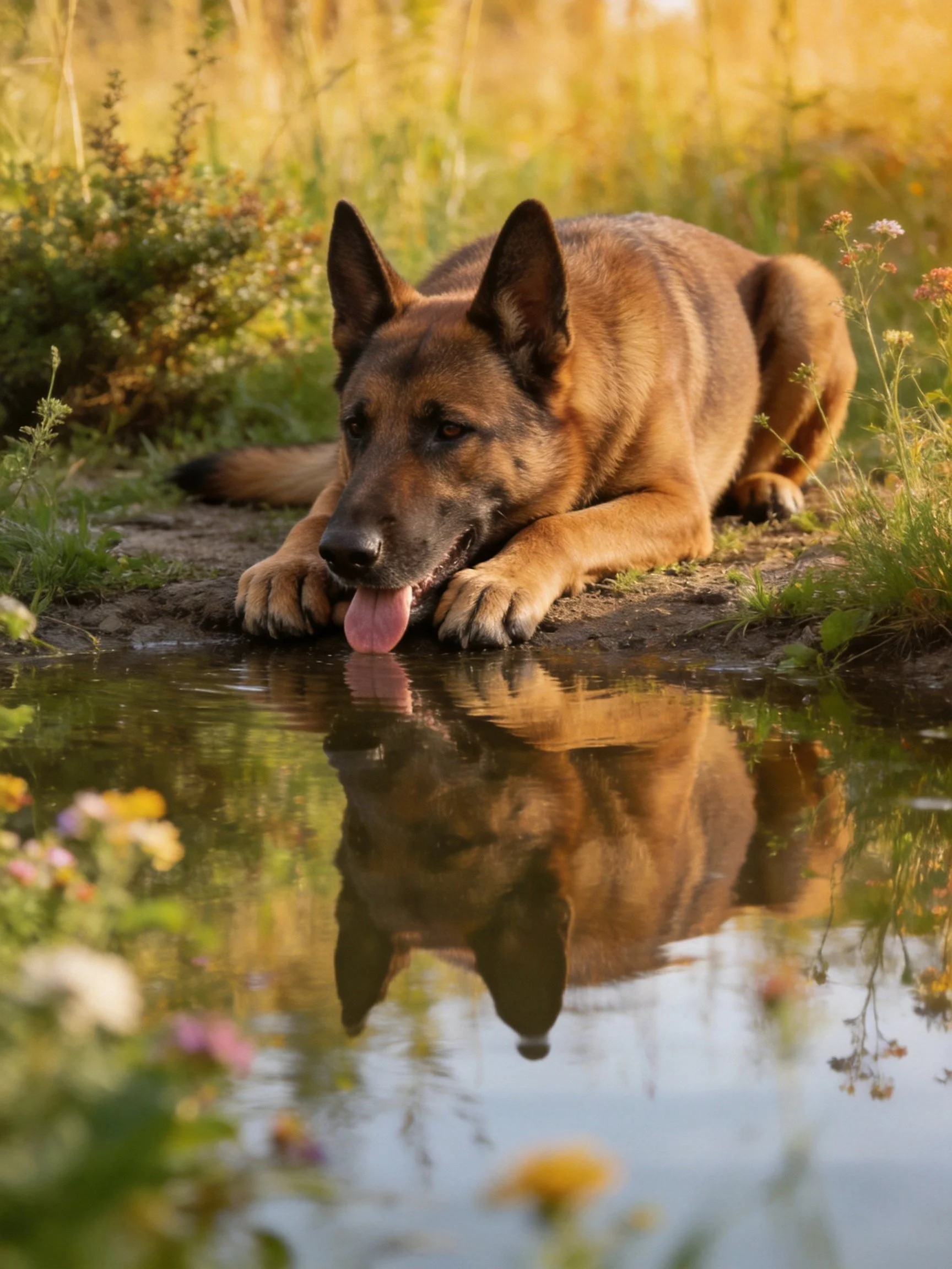 A tan German Shepherd rests by a reflective pond amid wildflowers