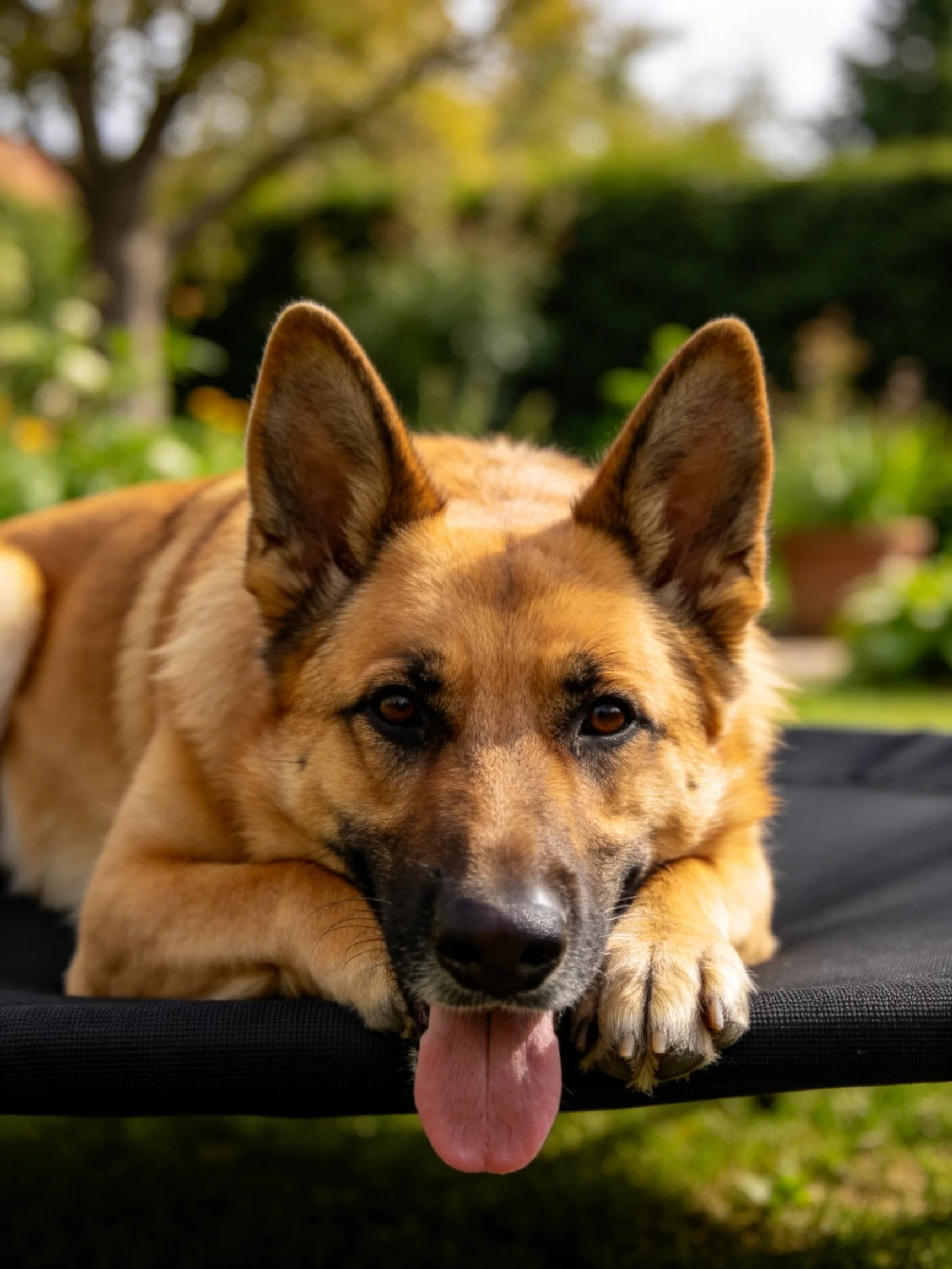 A tan German Shepherd relaxes on a dark surface amid a verdant garden setting